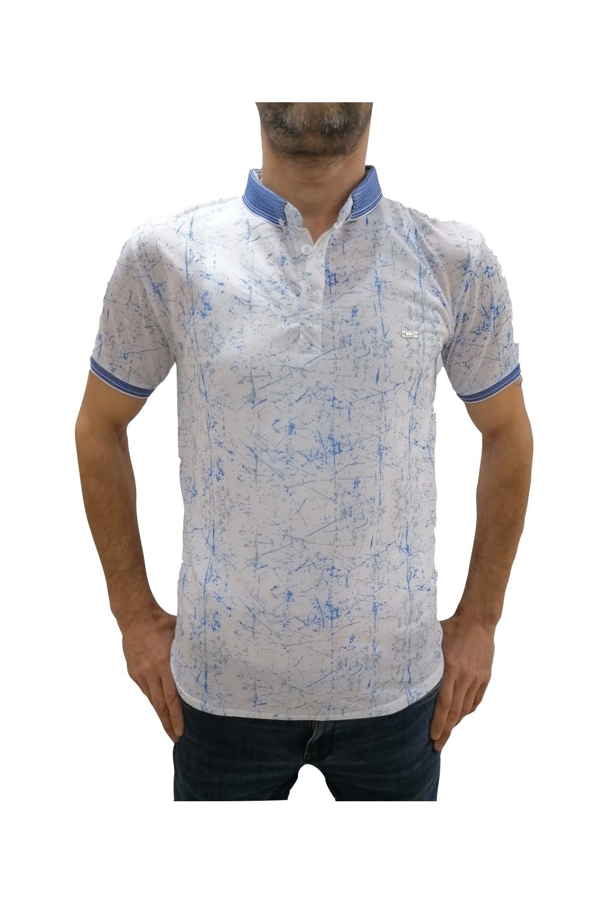 Erkek Mavi Dijital Baskı Desenli Polo Yaka Kısa Kol T-Shirt 9045-2