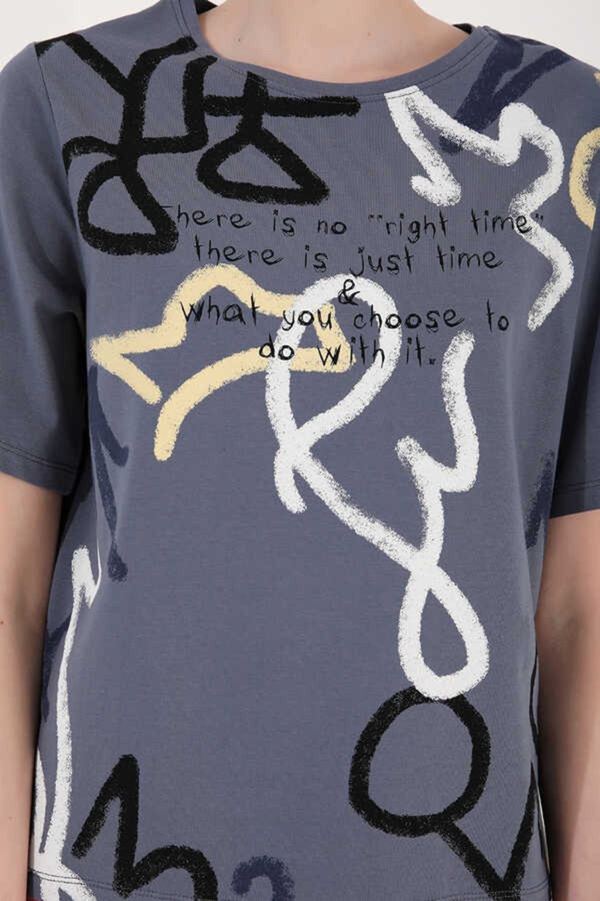 Kadın Petrol Bisiklet Yaka Karışık Desenli Yazı Baskılı Oversize O Yaka T-Shirt 97132-58