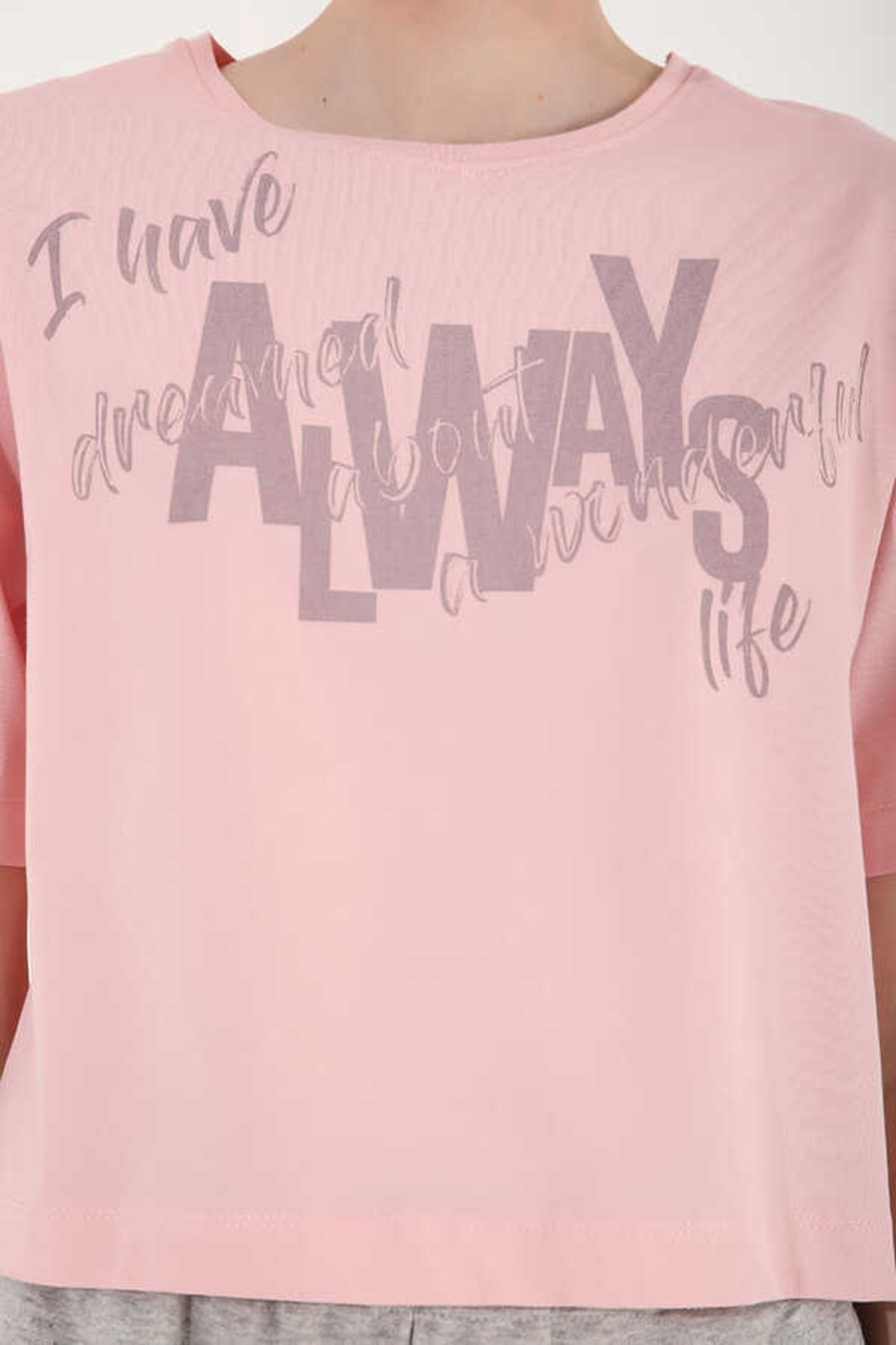 Kadın Pudra Asimetrik Yazı Baskılı Oversize O Yaka T-Shirt 97136-68