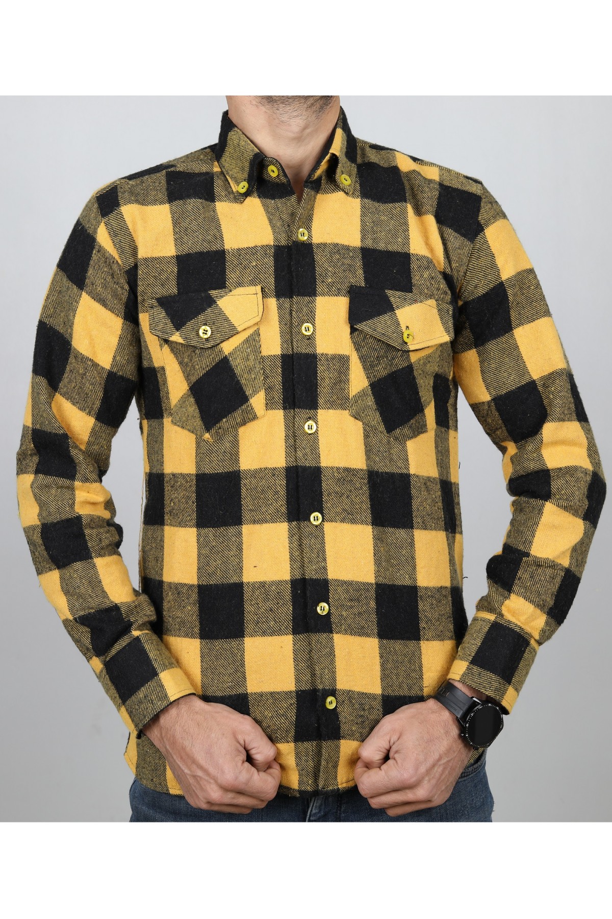 Erkek Sarı Slimfit Kesim Oduncu Gömlek EO2021-08