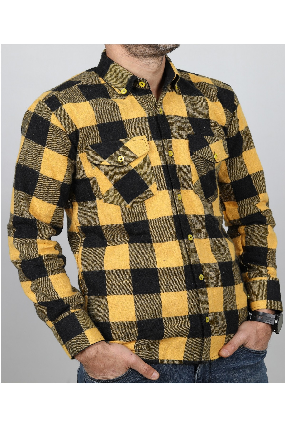 Erkek Sarı Slimfit Kesim Oduncu Gömlek EO2021-08