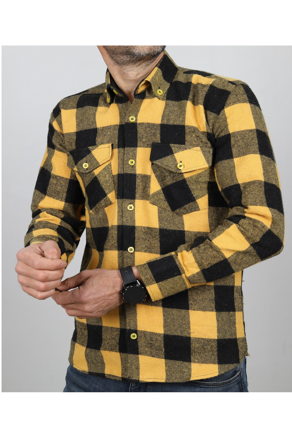 Erkek Sarı Slimfit Kesim Oduncu Gömlek EO2021-08