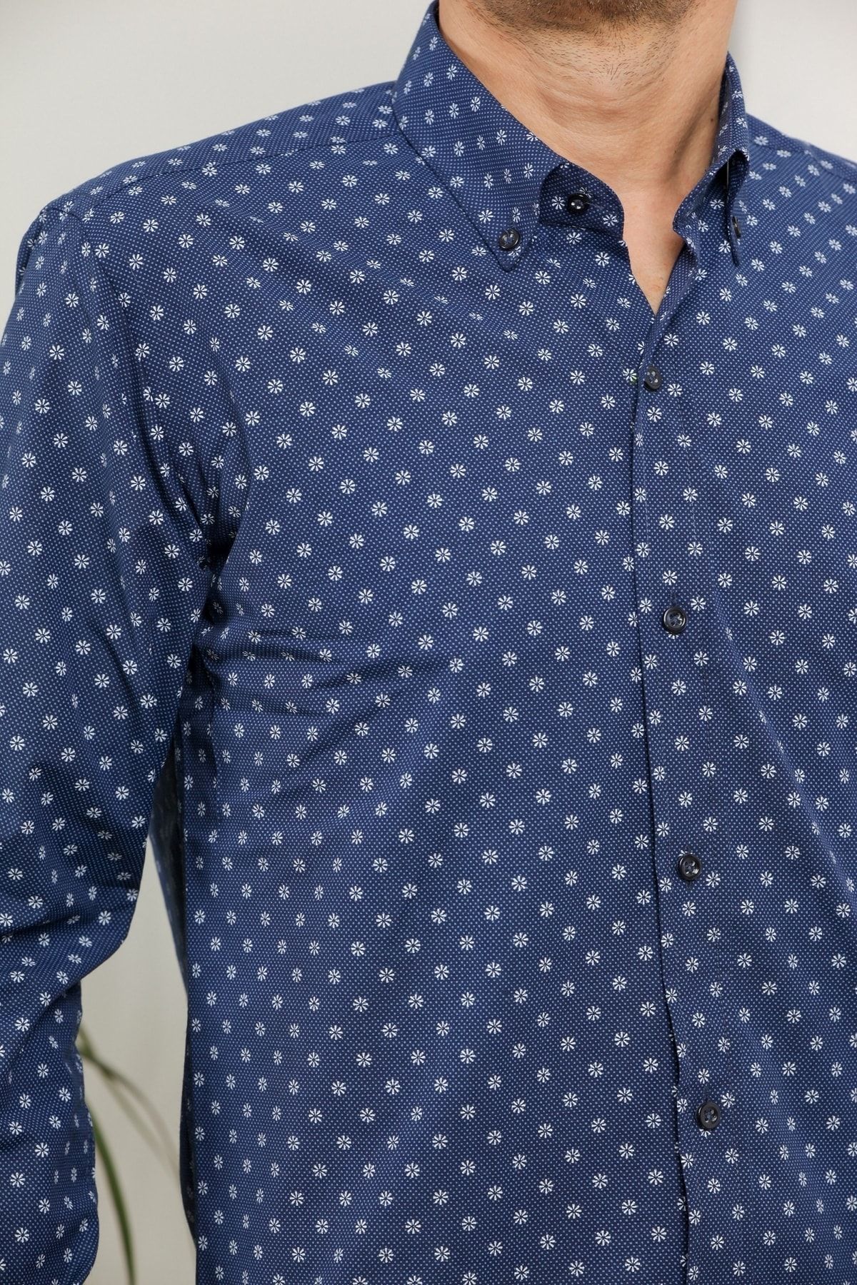 Erkek Lacivert Uzun Kol Pamuklu Kumaş Desenli  Gömlek GM8281-03