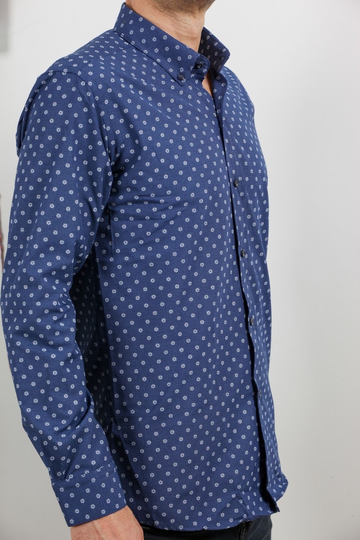 Erkek Lacivert Uzun Kol Pamuklu Kumaş Desenli  Gömlek GM8281-03