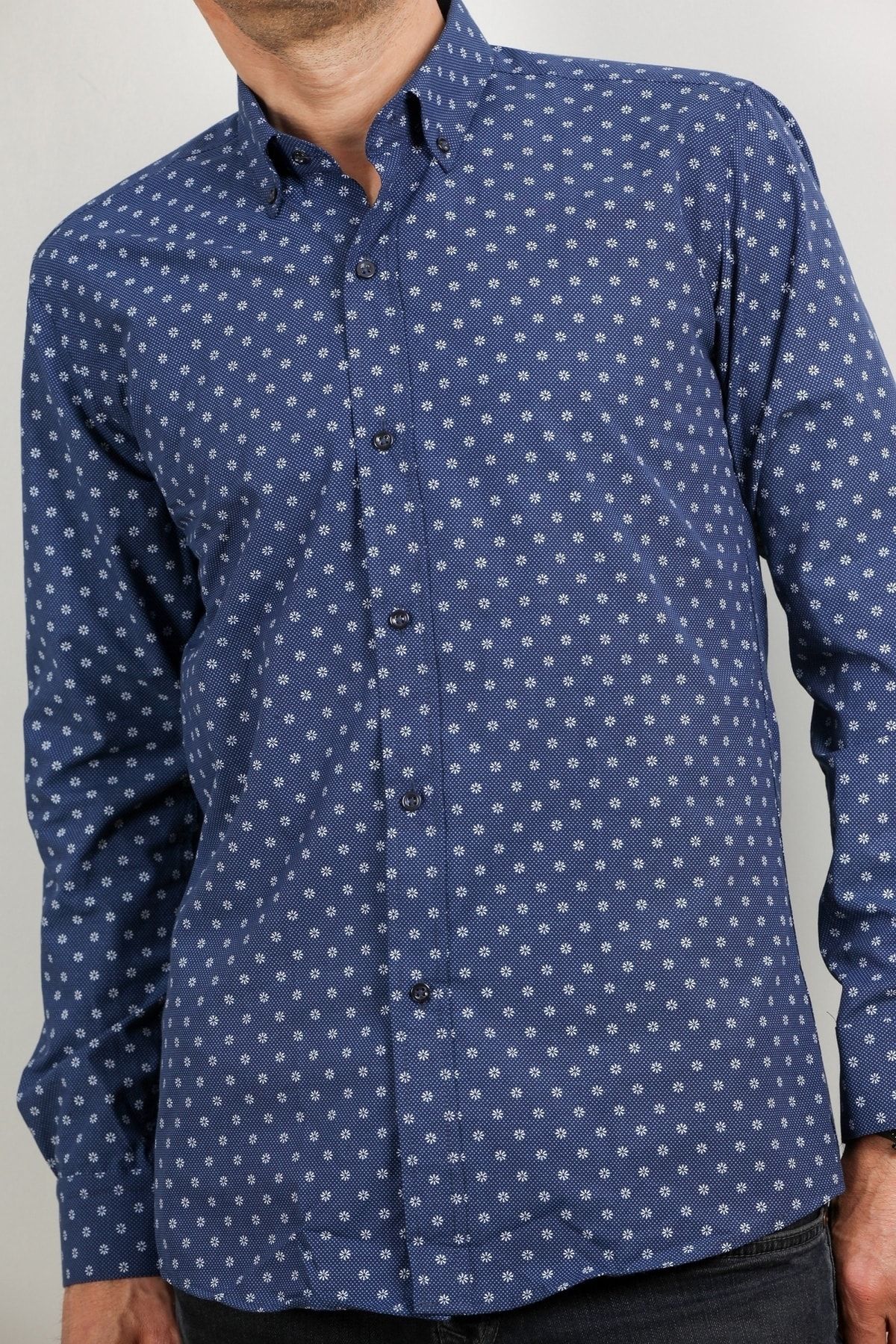 Erkek Lacivert Uzun Kol Pamuklu Kumaş Desenli  Gömlek GM8281-03