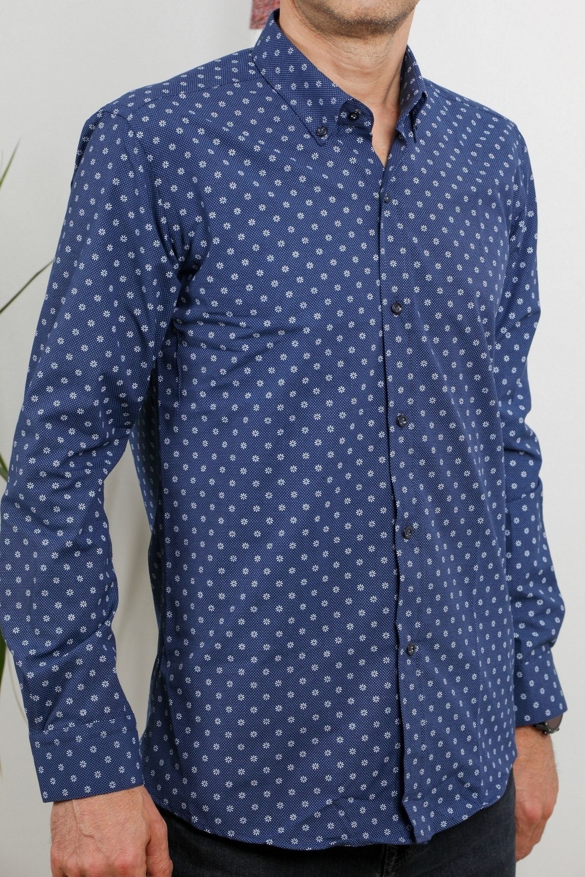 Erkek Lacivert Uzun Kol Pamuklu Kumaş Desenli  Gömlek GM8281-03