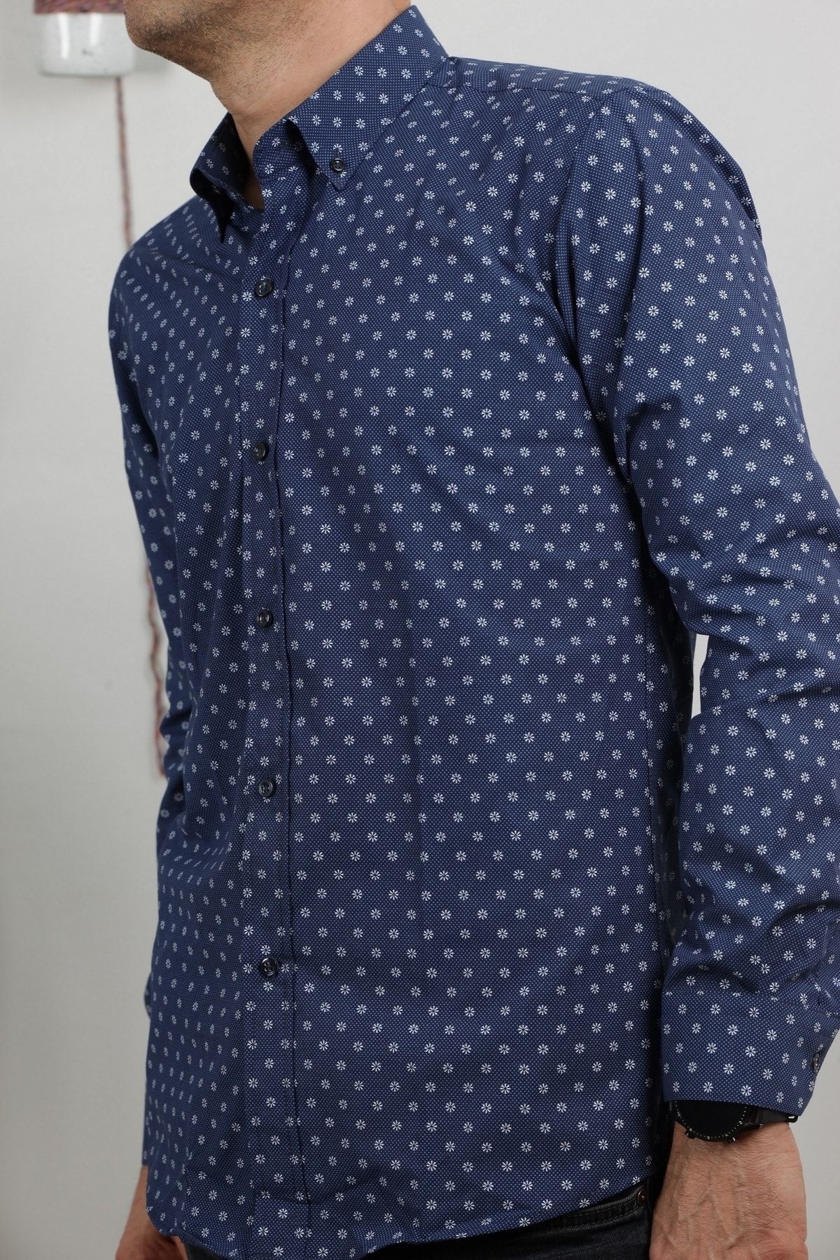 Erkek Lacivert Uzun Kol Pamuklu Kumaş Desenli  Gömlek GM8281-03