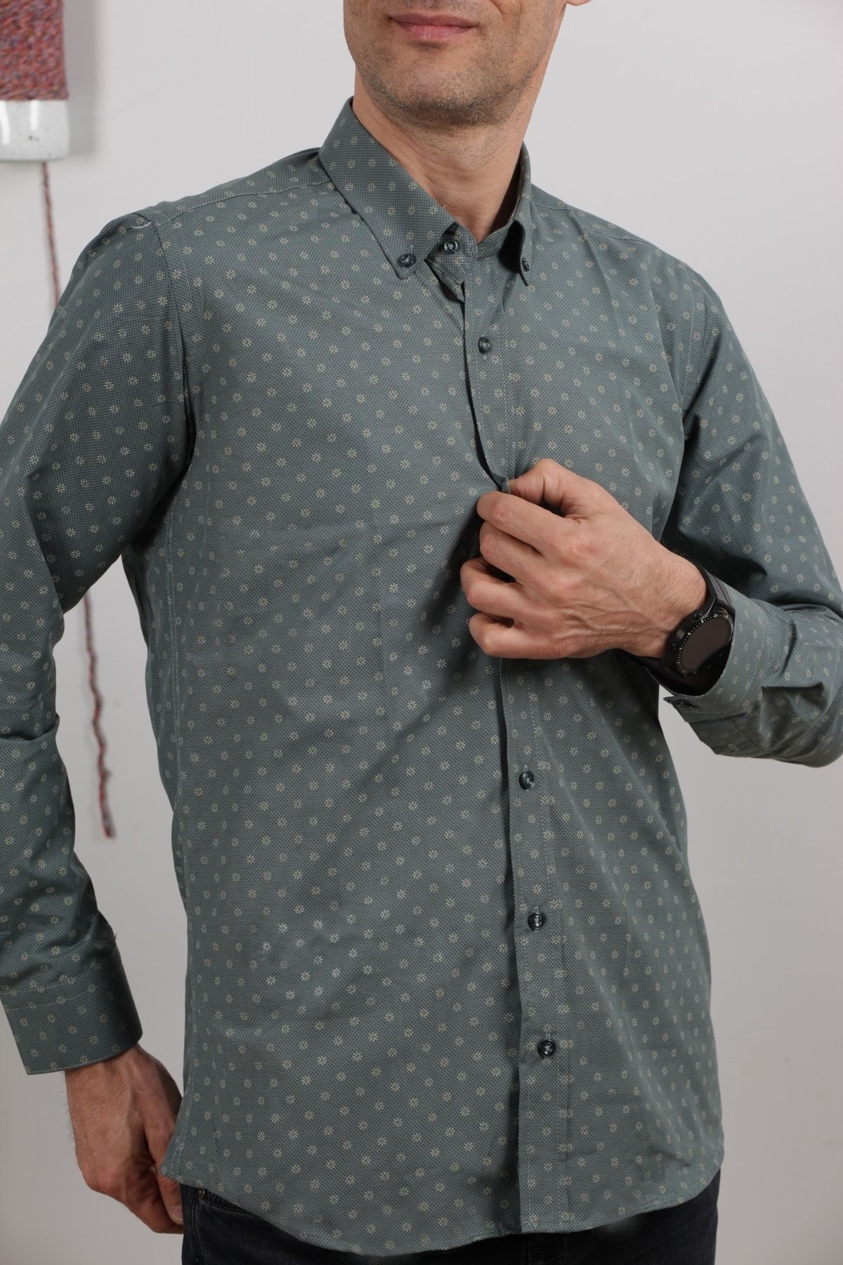 Erkek Haki Uzun Kol Pamuklu Kumaş Desenli  Gömlek GM8281-06