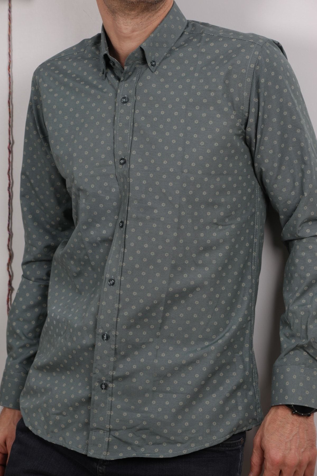 Erkek Haki Uzun Kol Pamuklu Kumaş Desenli  Gömlek GM8281-06