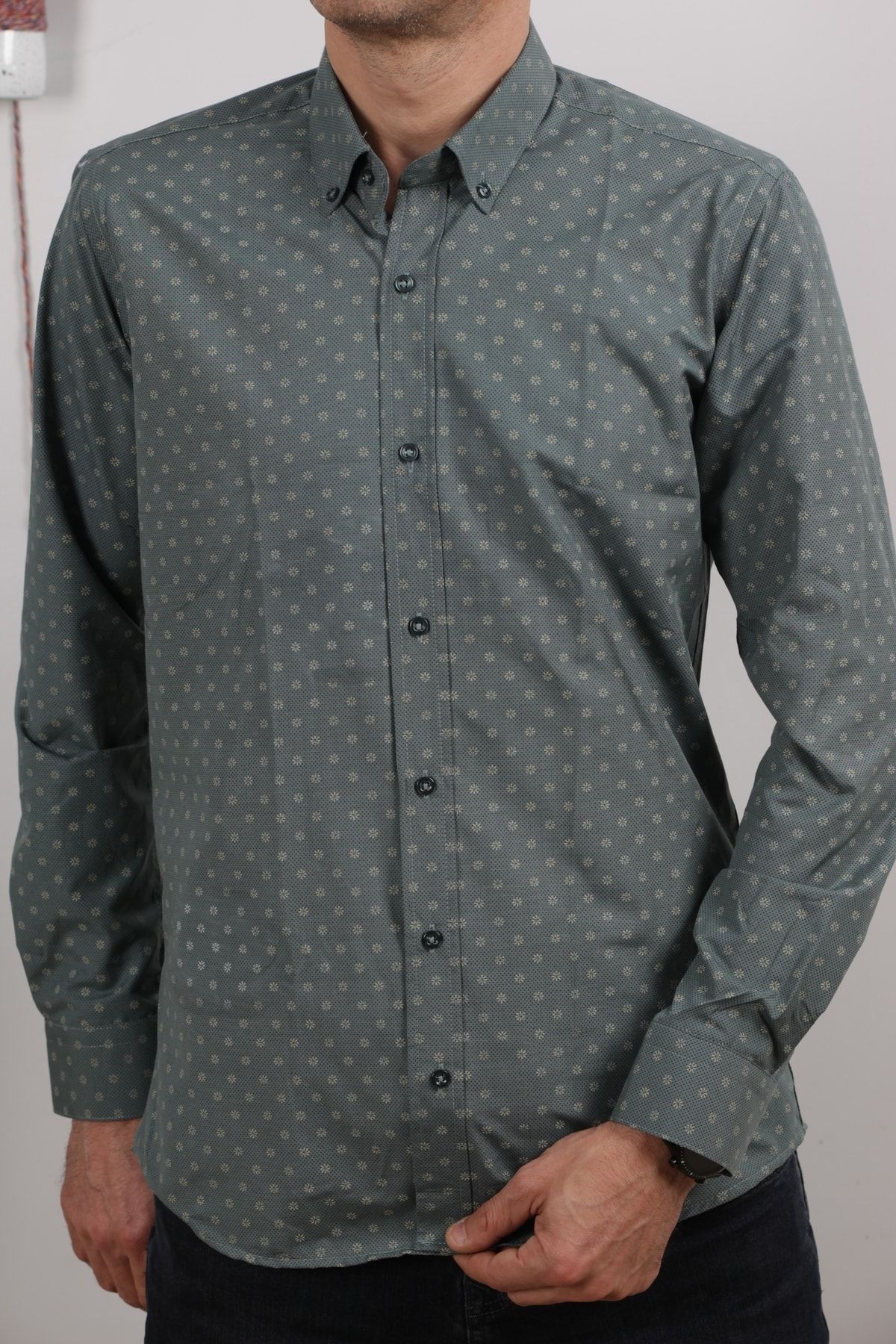 Erkek Haki Uzun Kol Pamuklu Kumaş Desenli  Gömlek GM8281-06