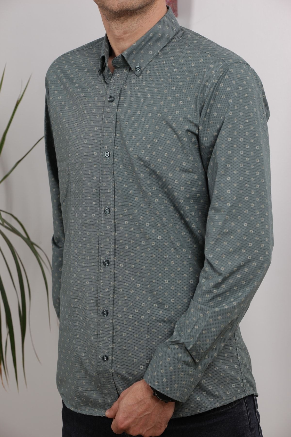 Erkek Haki Uzun Kol Pamuklu Kumaş Desenli  Gömlek GM8281-06