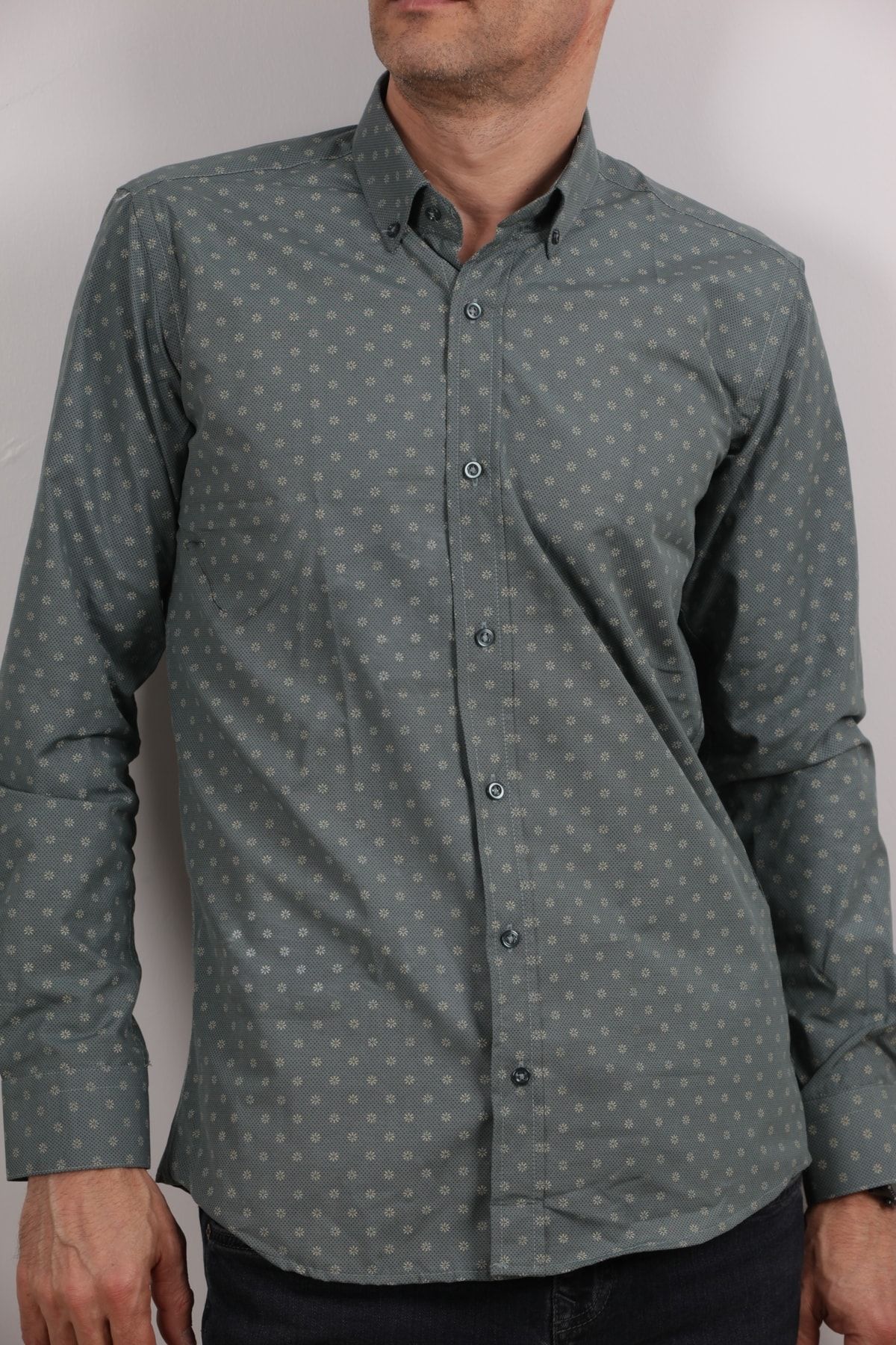 Erkek Haki Uzun Kol Pamuklu Kumaş Desenli  Gömlek GM8281-06