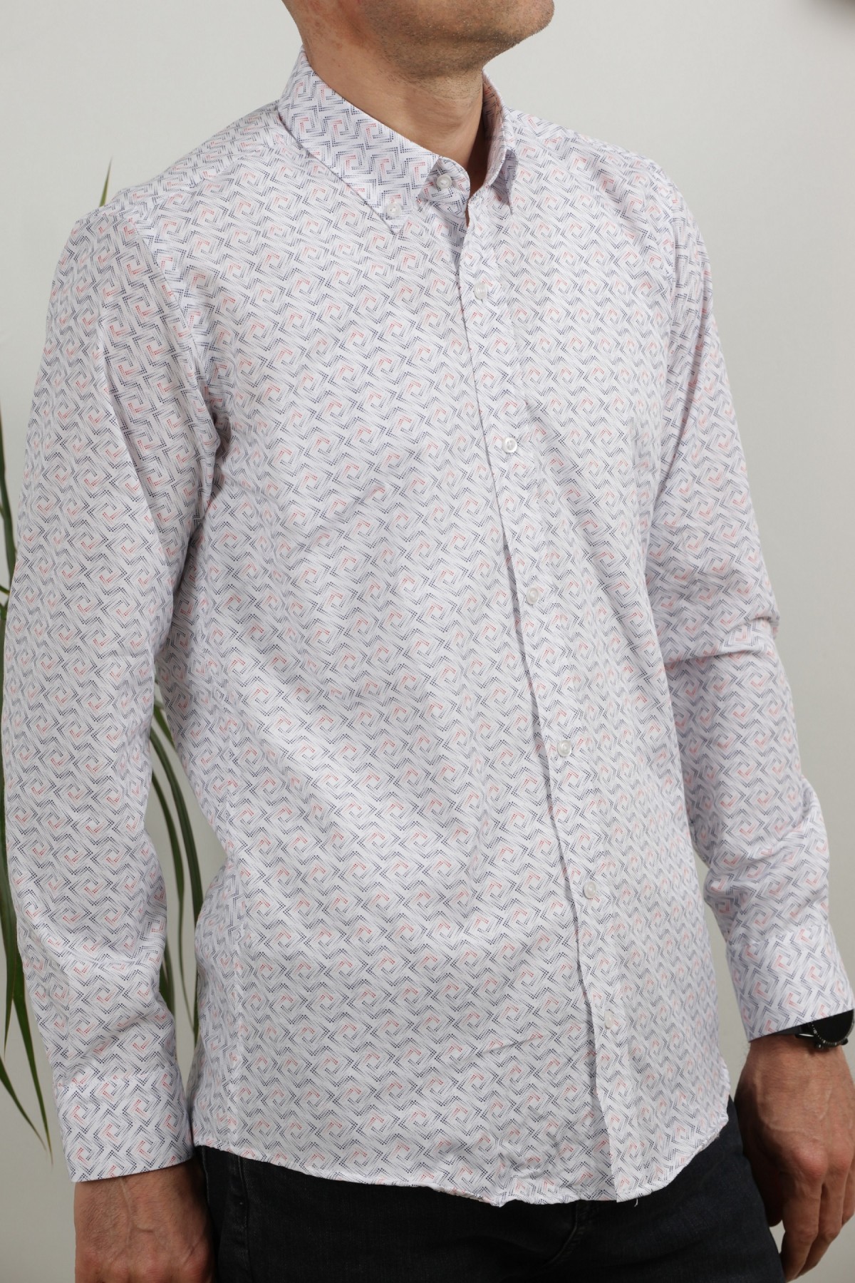 Erkek Beyaz Uzun Kol Pamuklu Kumaş Desenli  Gömlek GM8282-02
