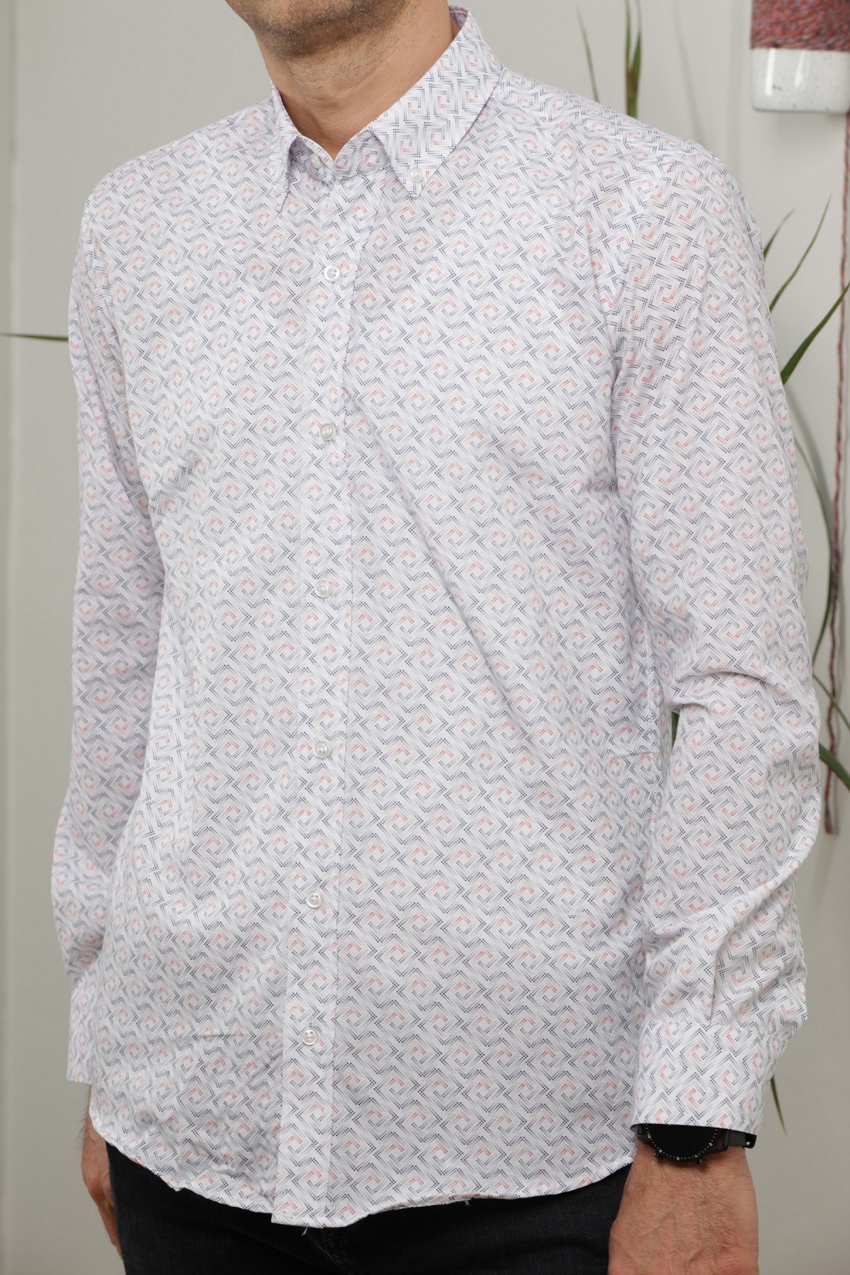 Erkek Beyaz Uzun Kol Pamuklu Kumaş Desenli  Gömlek GM8282-02