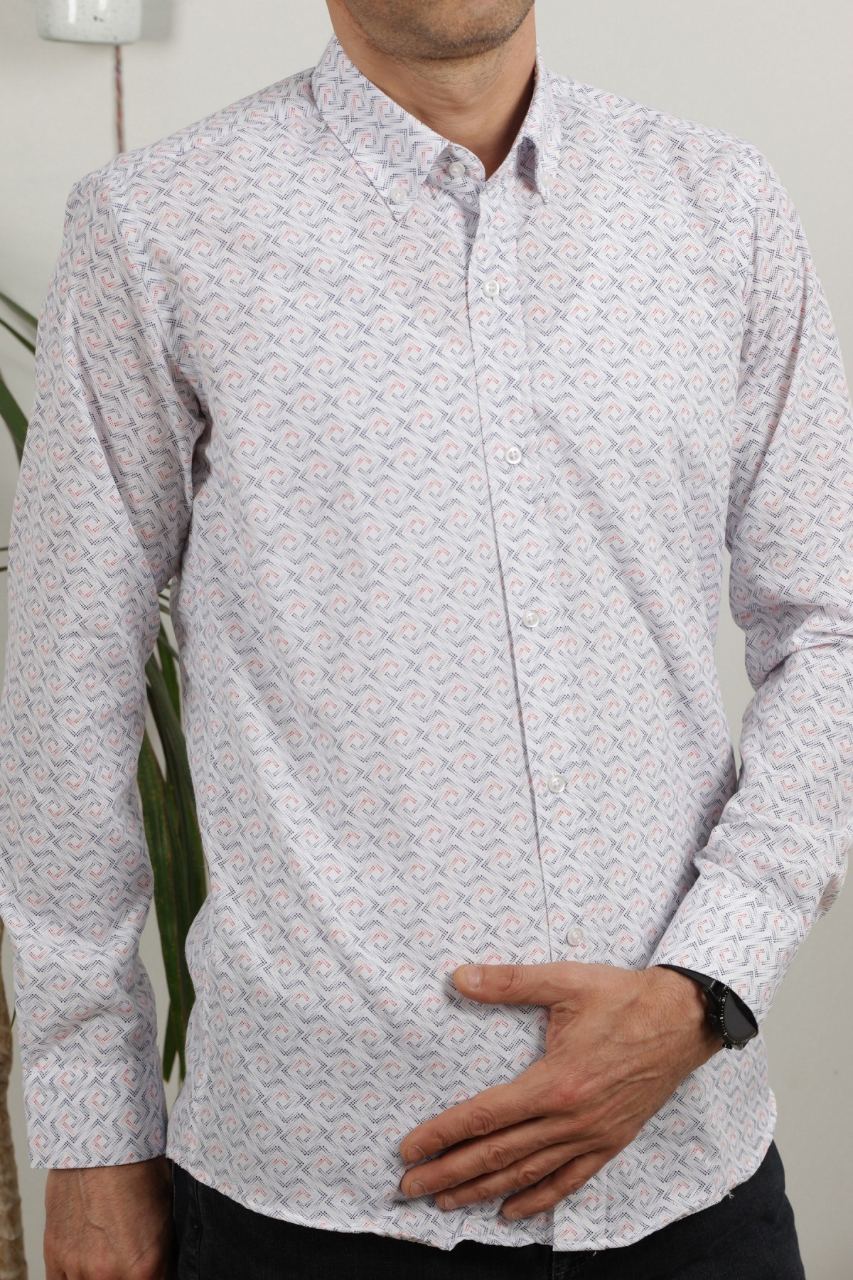 Erkek Beyaz Uzun Kol Pamuklu Kumaş Desenli  Gömlek GM8282-02