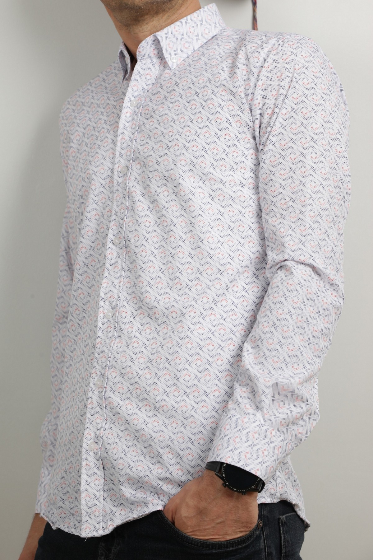Erkek Beyaz Uzun Kol Pamuklu Kumaş Desenli  Gömlek GM8282-02