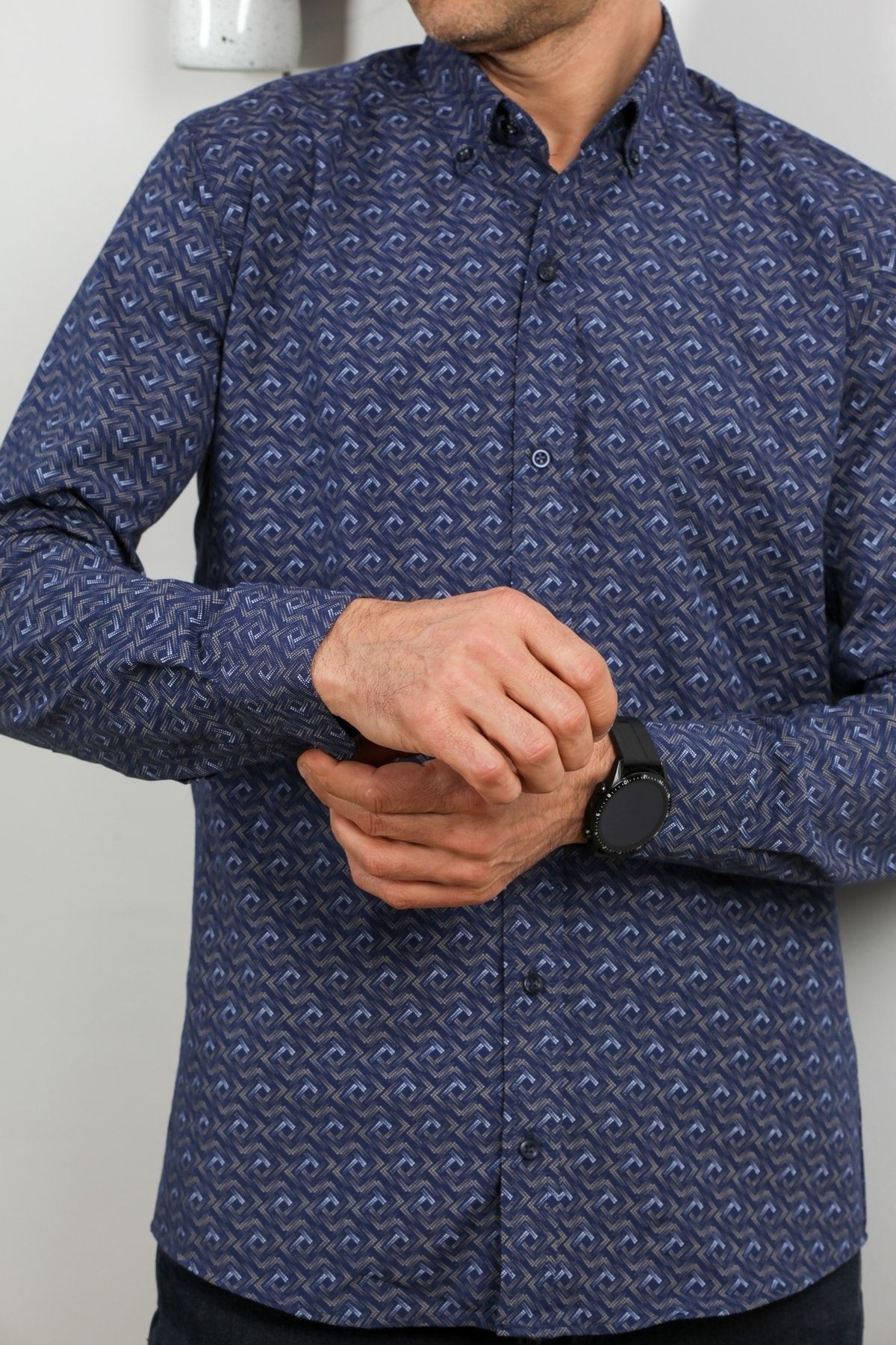 Erkek Lacivert Uzun Kol Pamuklu Kumaş Desenli  Gömlek GM8282-03