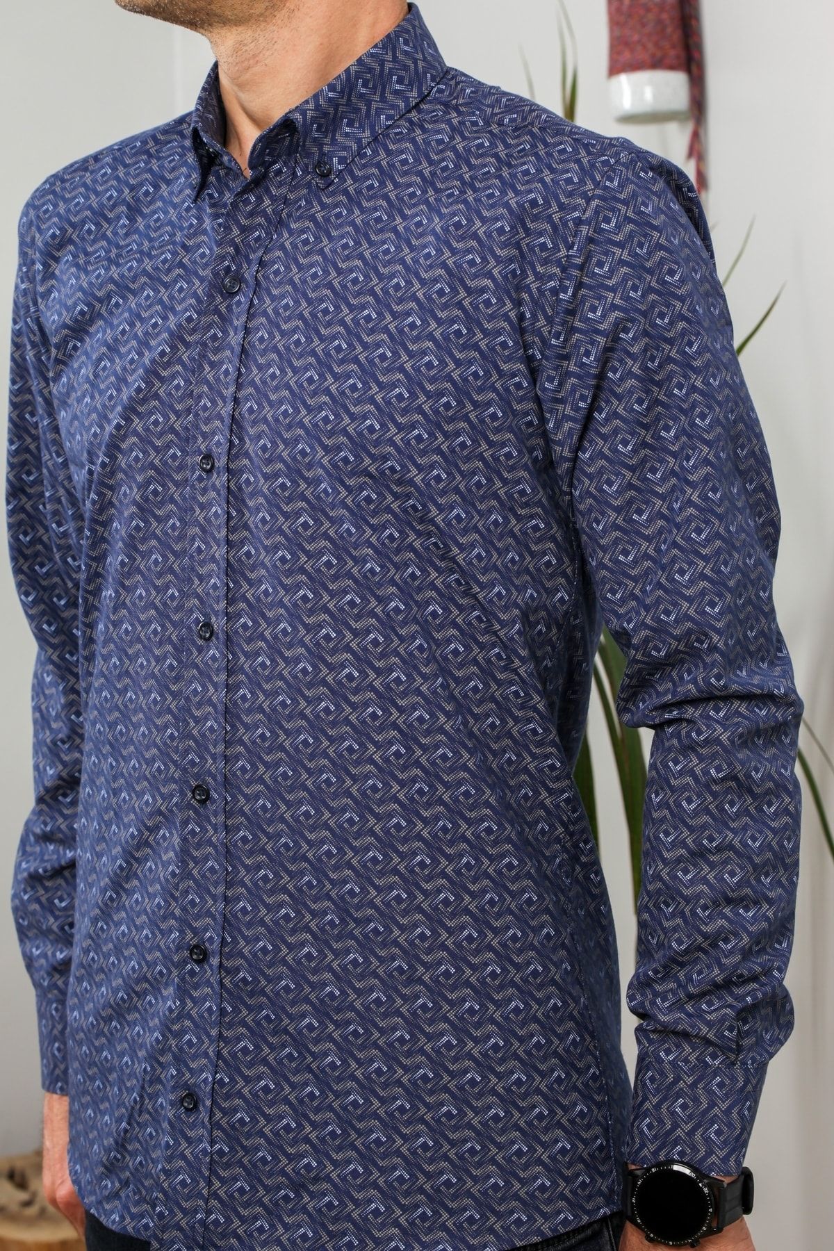 Erkek Lacivert Uzun Kol Pamuklu Kumaş Desenli  Gömlek GM8282-03
