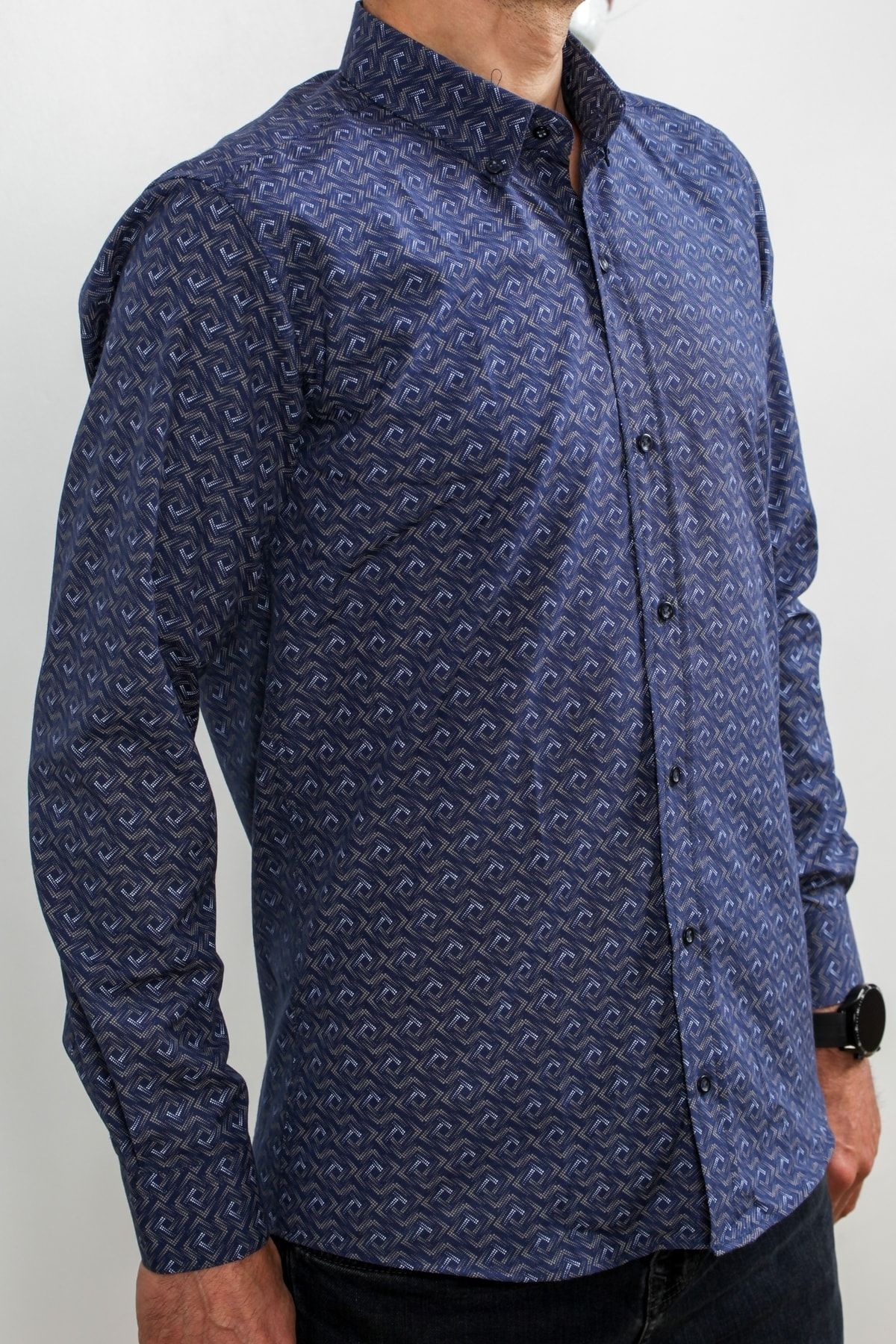 Erkek Lacivert Uzun Kol Pamuklu Kumaş Desenli  Gömlek GM8282-03