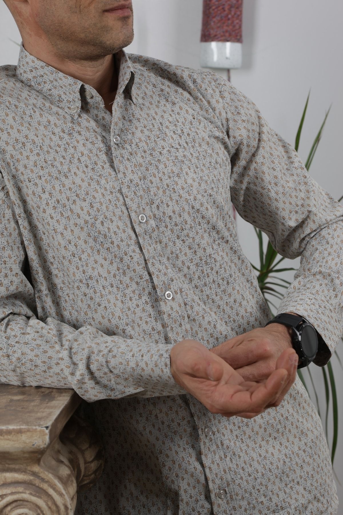 Erkek Bej Uzun Kol Pamuklu Kumaş Desenli  Gömlek GM8283-16