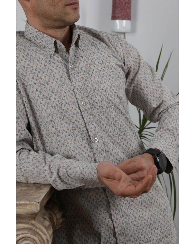 Erkek Bej Uzun Kol Pamuklu Kumaş Desenli  Gömlek GM8283-16