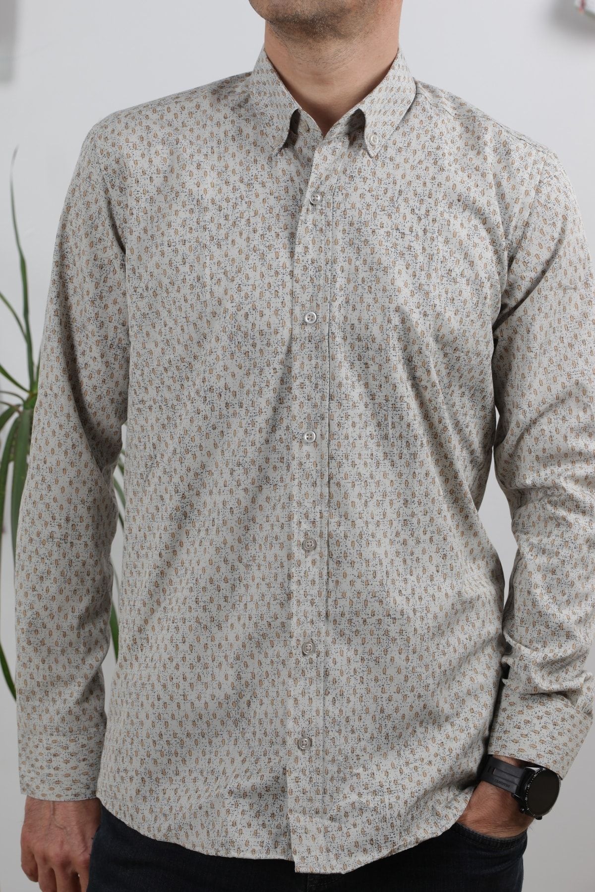 Erkek Bej Uzun Kol Pamuklu Kumaş Desenli  Gömlek GM8283-16