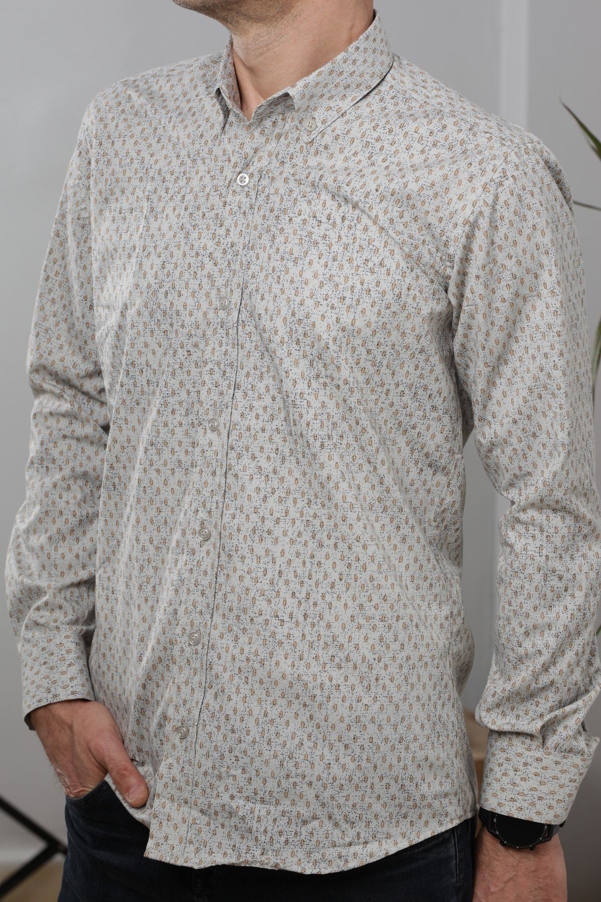 Erkek Bej Uzun Kol Pamuklu Kumaş Desenli  Gömlek GM8283-16