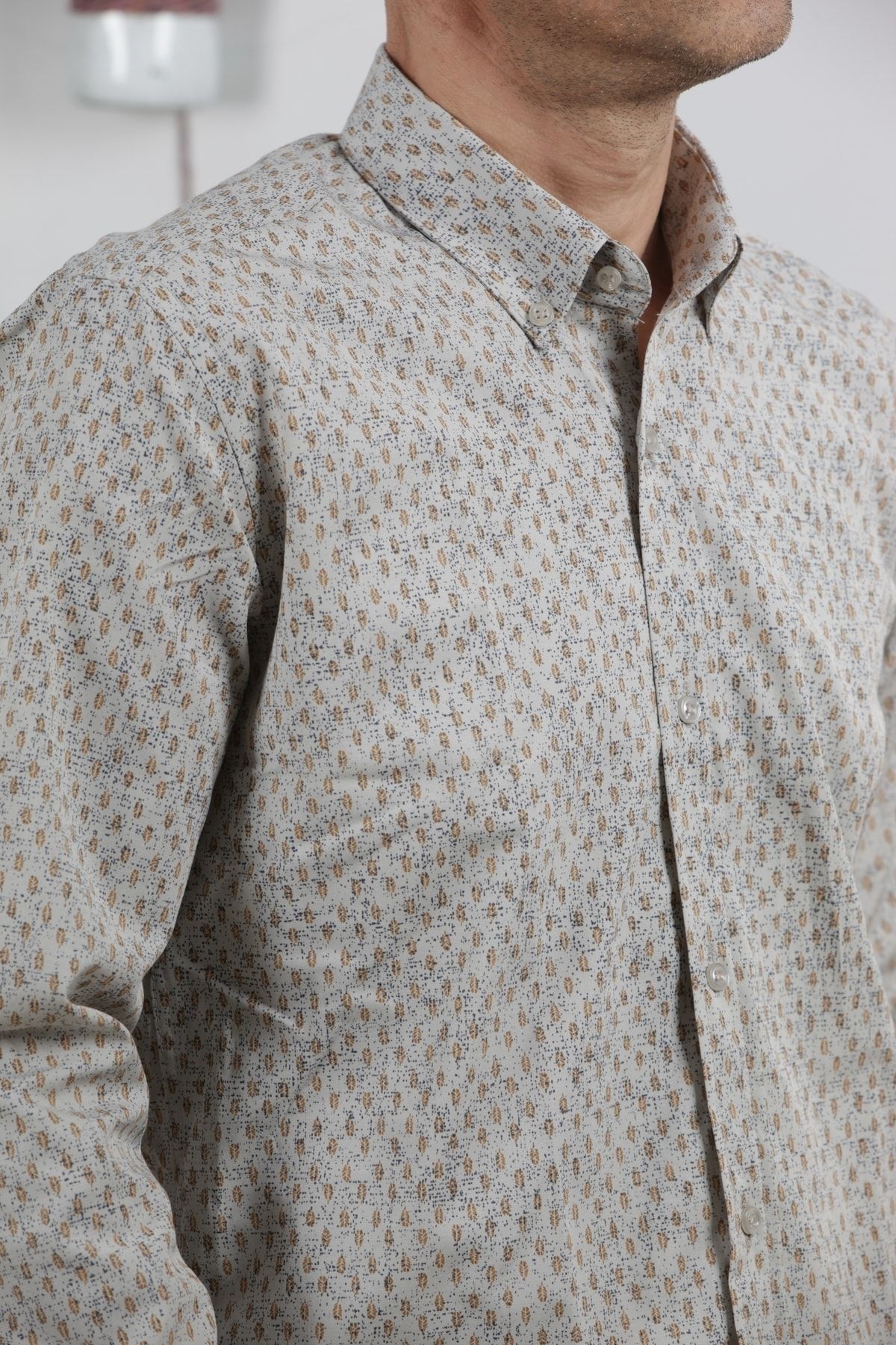 Erkek Bej Uzun Kol Pamuklu Kumaş Desenli  Gömlek GM8283-16