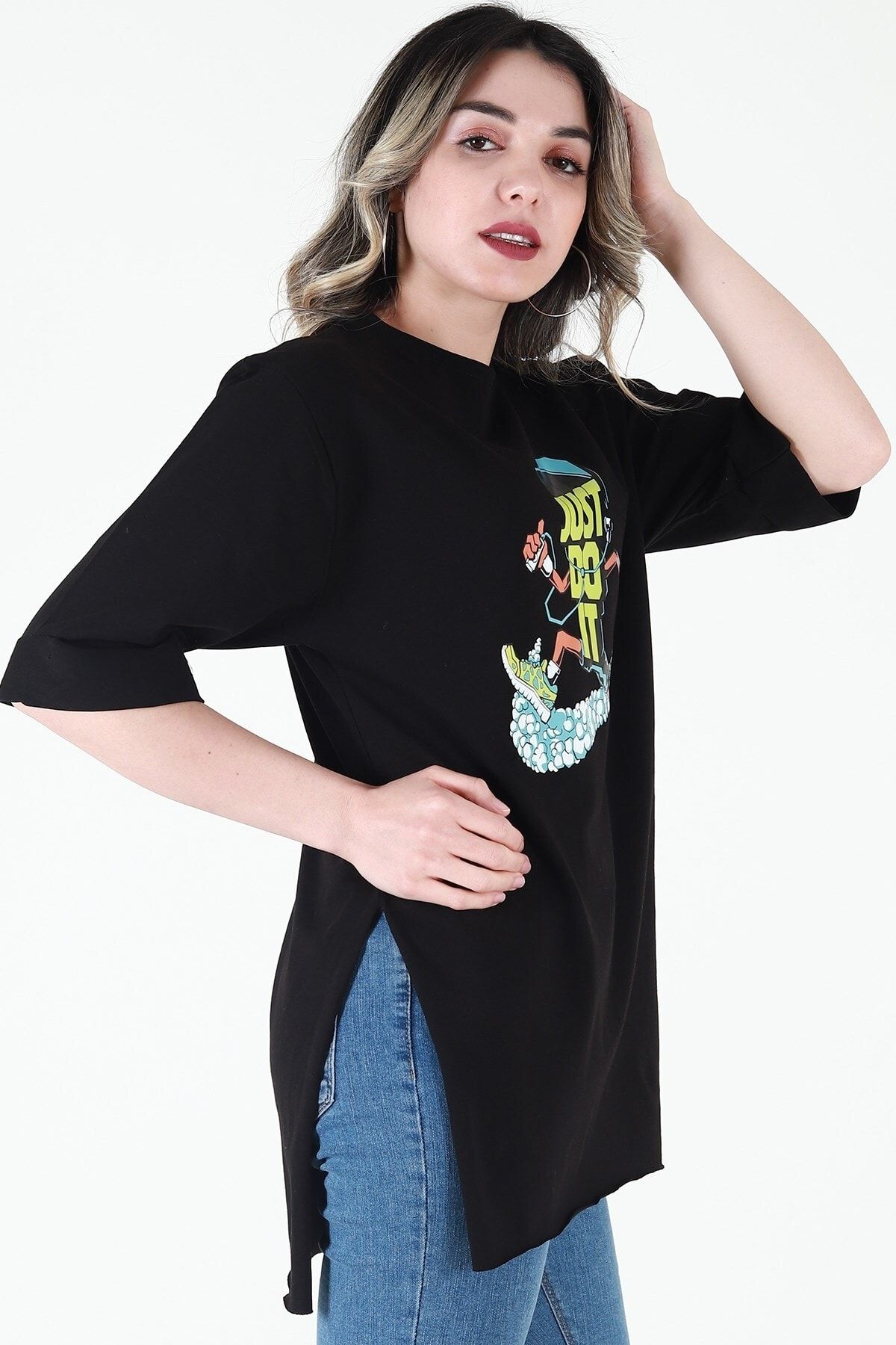 Kadın Siyah Bisiklet Yaka Baskılı Oversize Duble Kol T-Shirt JD001