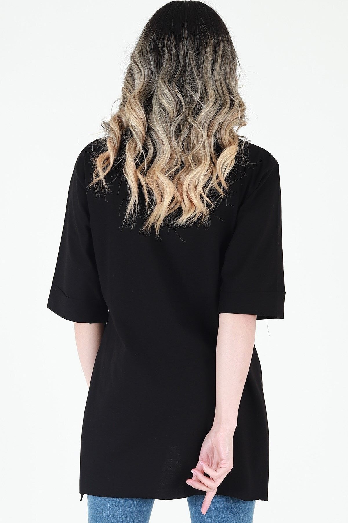 Kadın Siyah Bisiklet Yaka Baskılı Oversize Duble Kol T-Shirt JD001