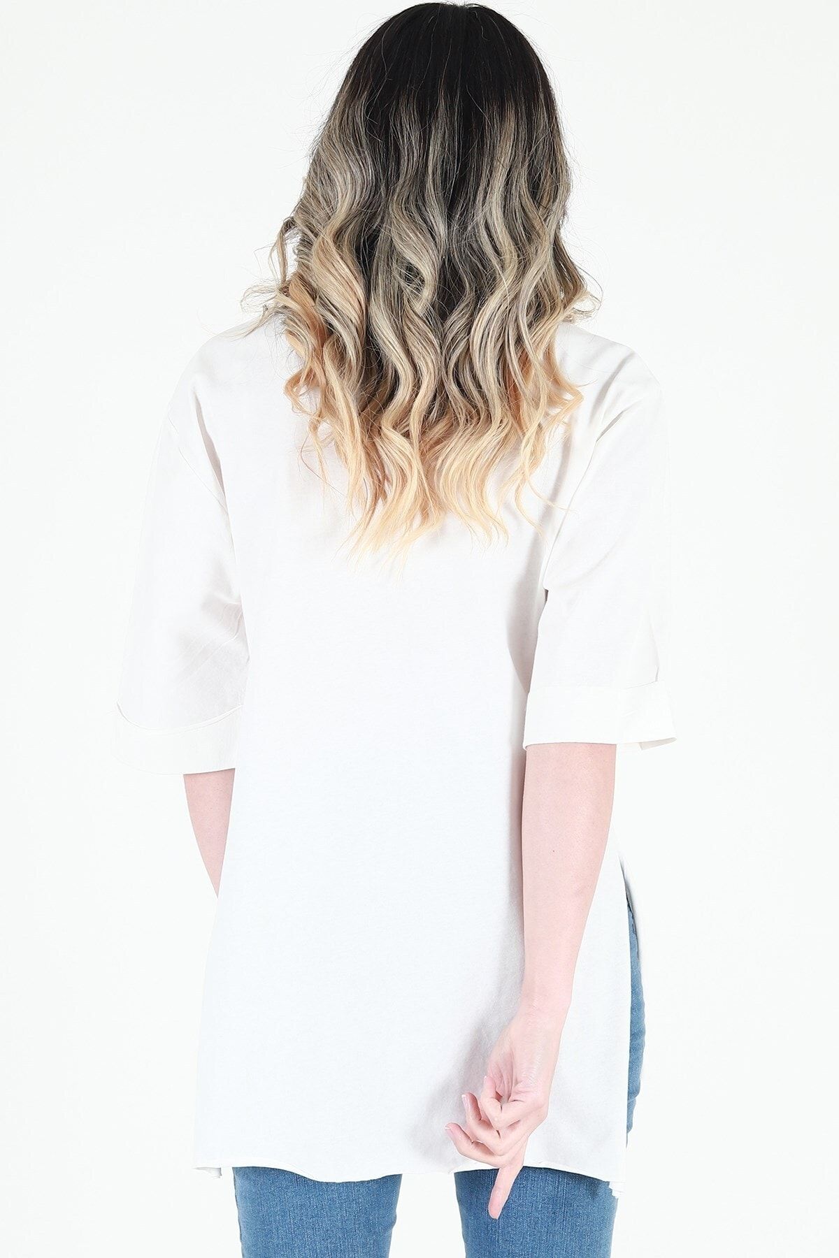 Kadın Beyaz Bisiklet Yaka Baskılı Oversize Duble Kol T-Shirt JD002