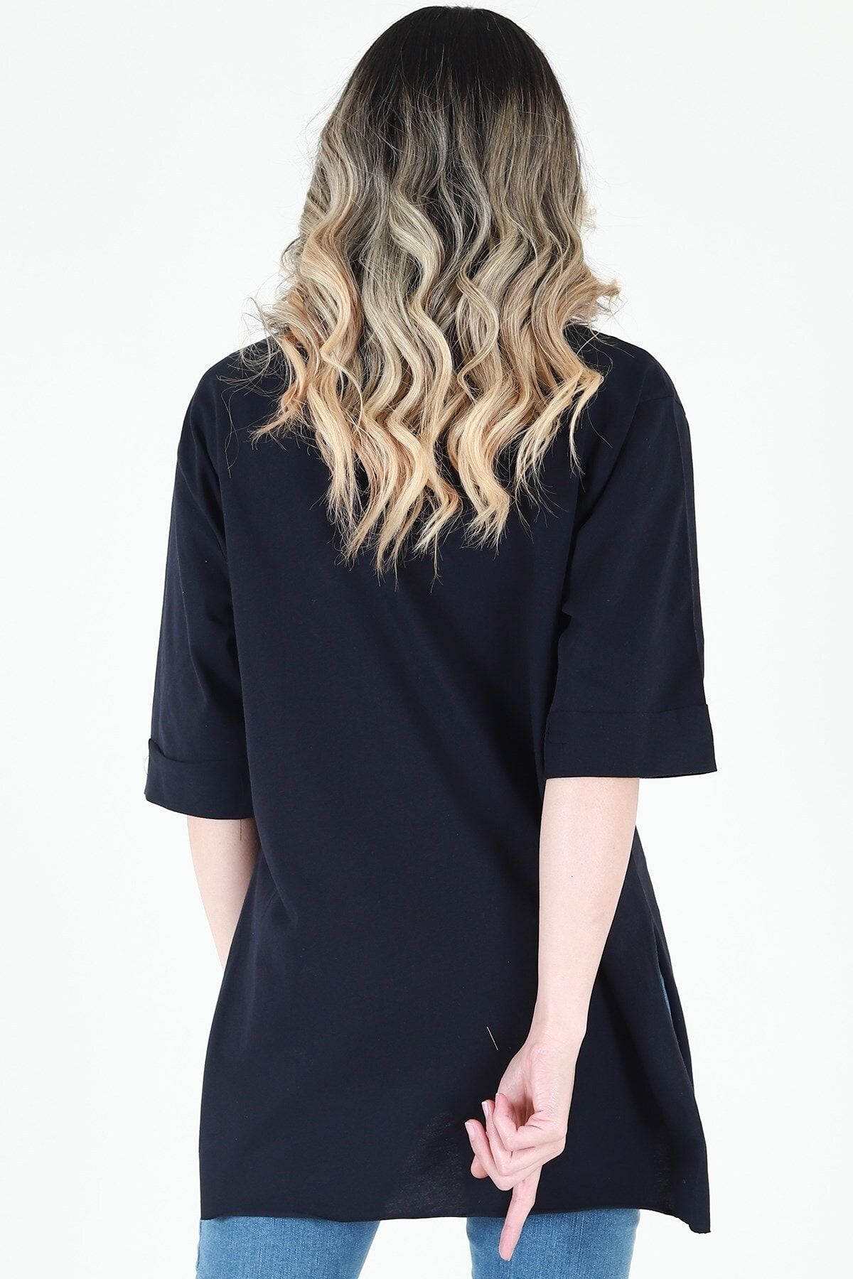 Kadın Lacivert Bisiklet Yaka Baskılı Oversize Duble Kol T-Shirt JD003