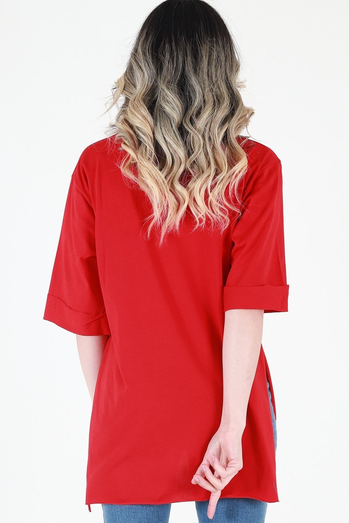 Kadın Kırmızı Bisiklet Yaka Baskılı Oversize Duble Kol T-Shirt JD004