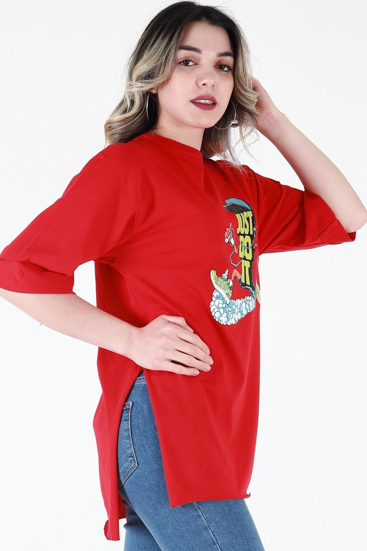 Kadın Kırmızı Bisiklet Yaka Baskılı Oversize Duble Kol T-Shirt JD004