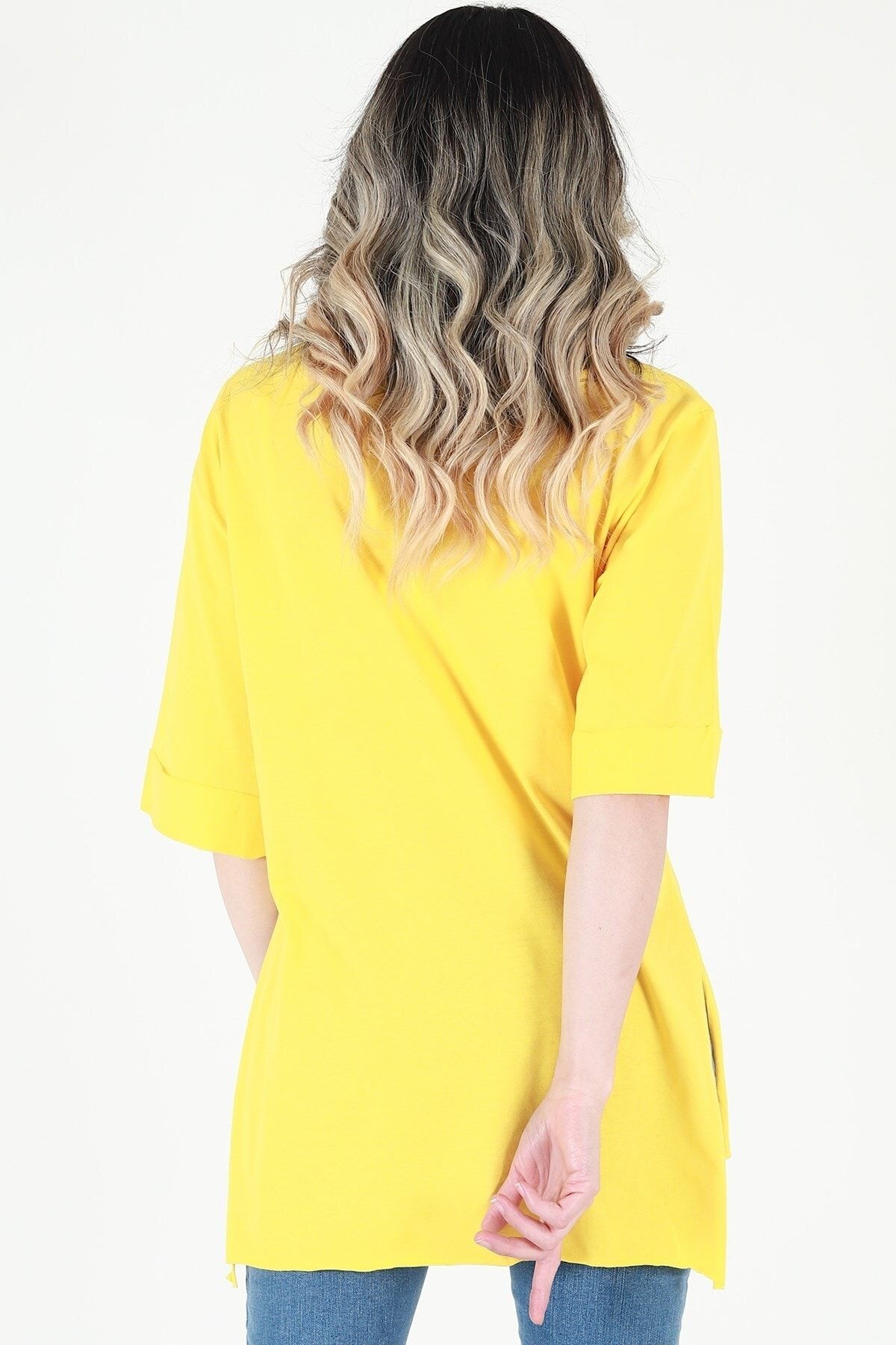 Kadın Sarı Bisiklet Yaka Baskılı Oversize Duble Kol T-Shirt JD005