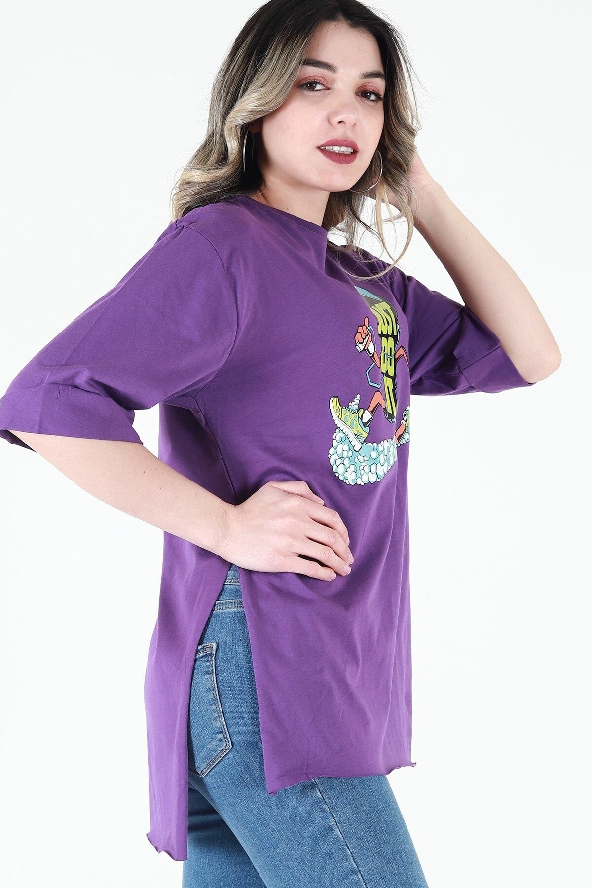 Kadın Mor Bisiklet Yaka Baskılı Oversize Duble Kol T-Shirt JD006