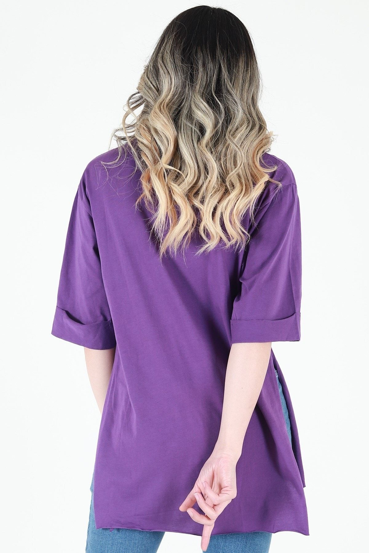 Kadın Mor Bisiklet Yaka Baskılı Oversize Duble Kol T-Shirt JD006