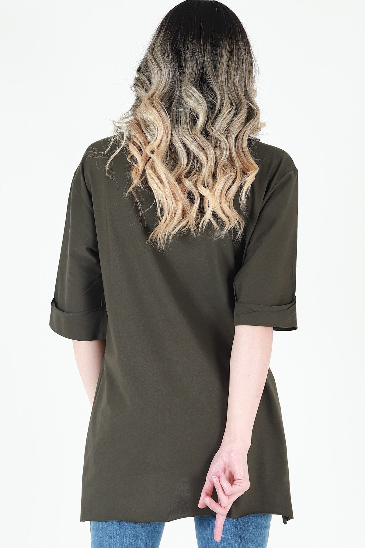 Kadın Haki Bisiklet Yaka Baskılı Oversize Duble Kol T-Shirt JD007