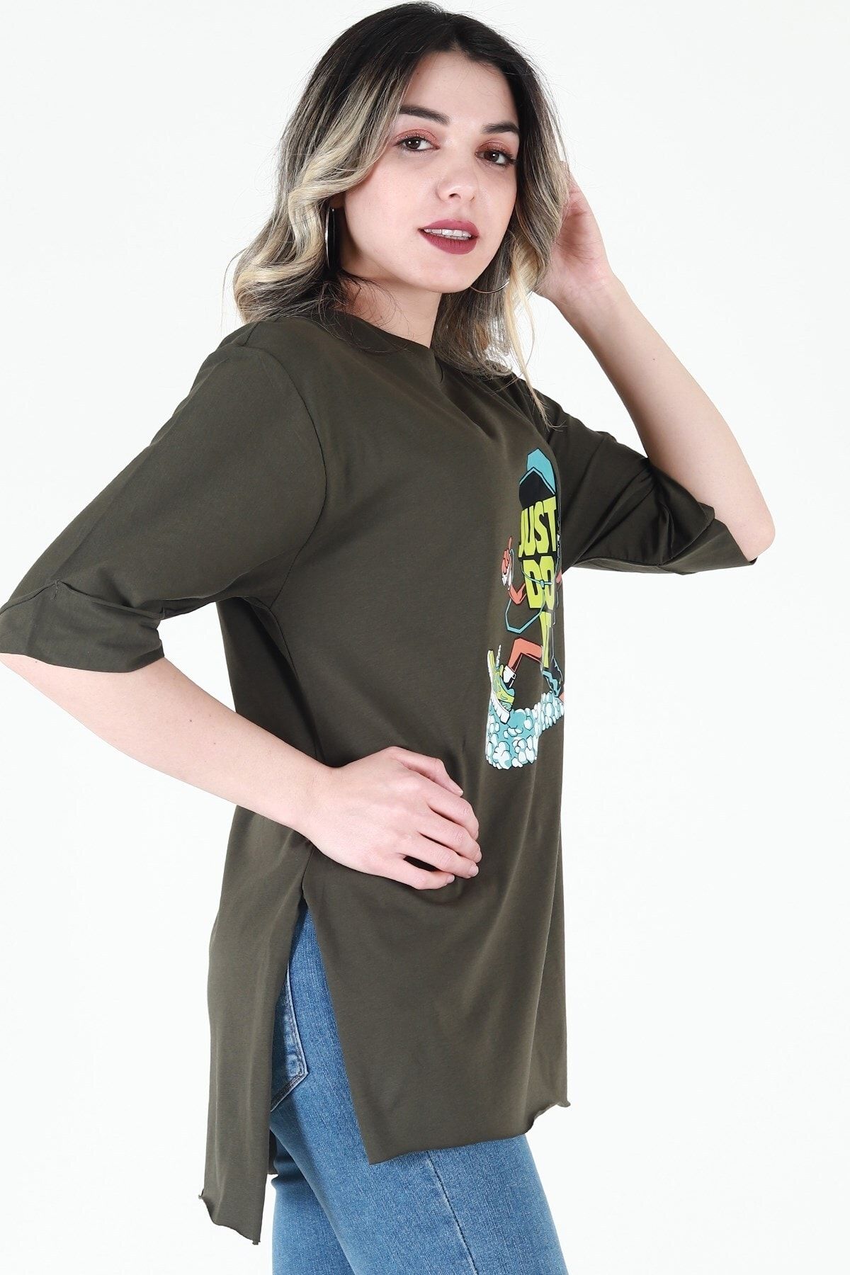Kadın Haki Bisiklet Yaka Baskılı Oversize Duble Kol T-Shirt JD007