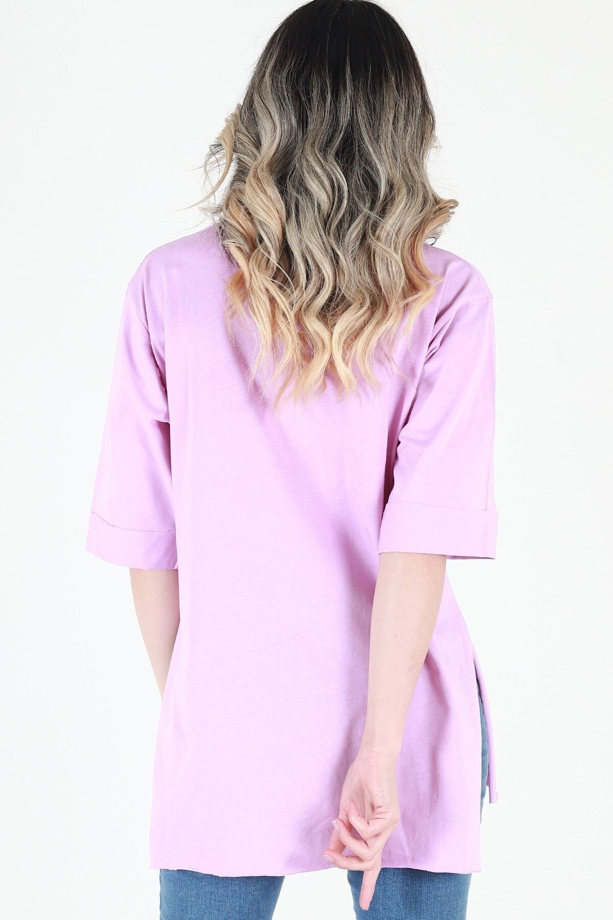 Kadın Lila Bisiklet Yaka Baskılı Oversize Duble Kol T-Shirt JD008