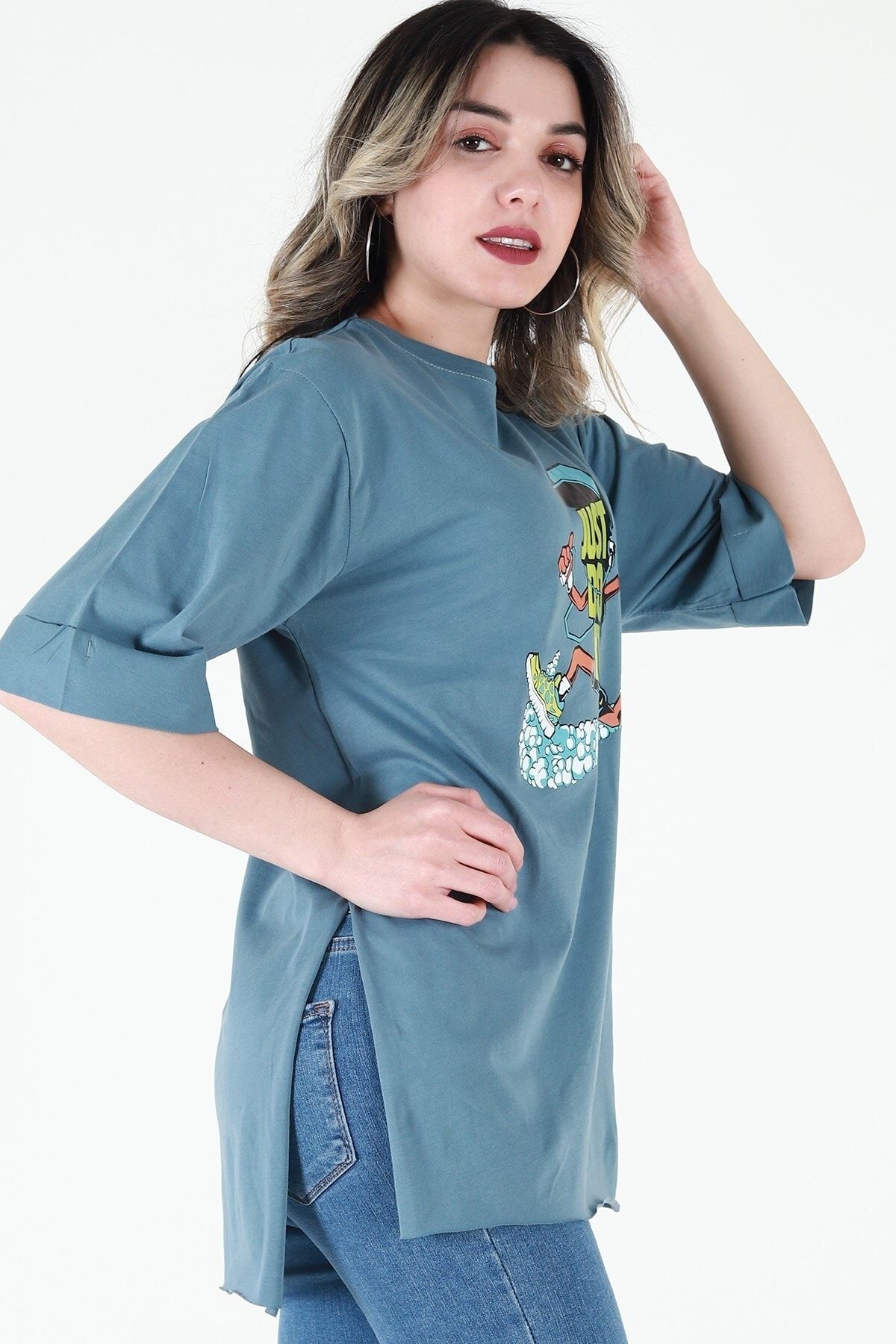 Kadın Petrol Bisiklet Yaka Baskılı Oversize Duble Kol T-Shirt JD009