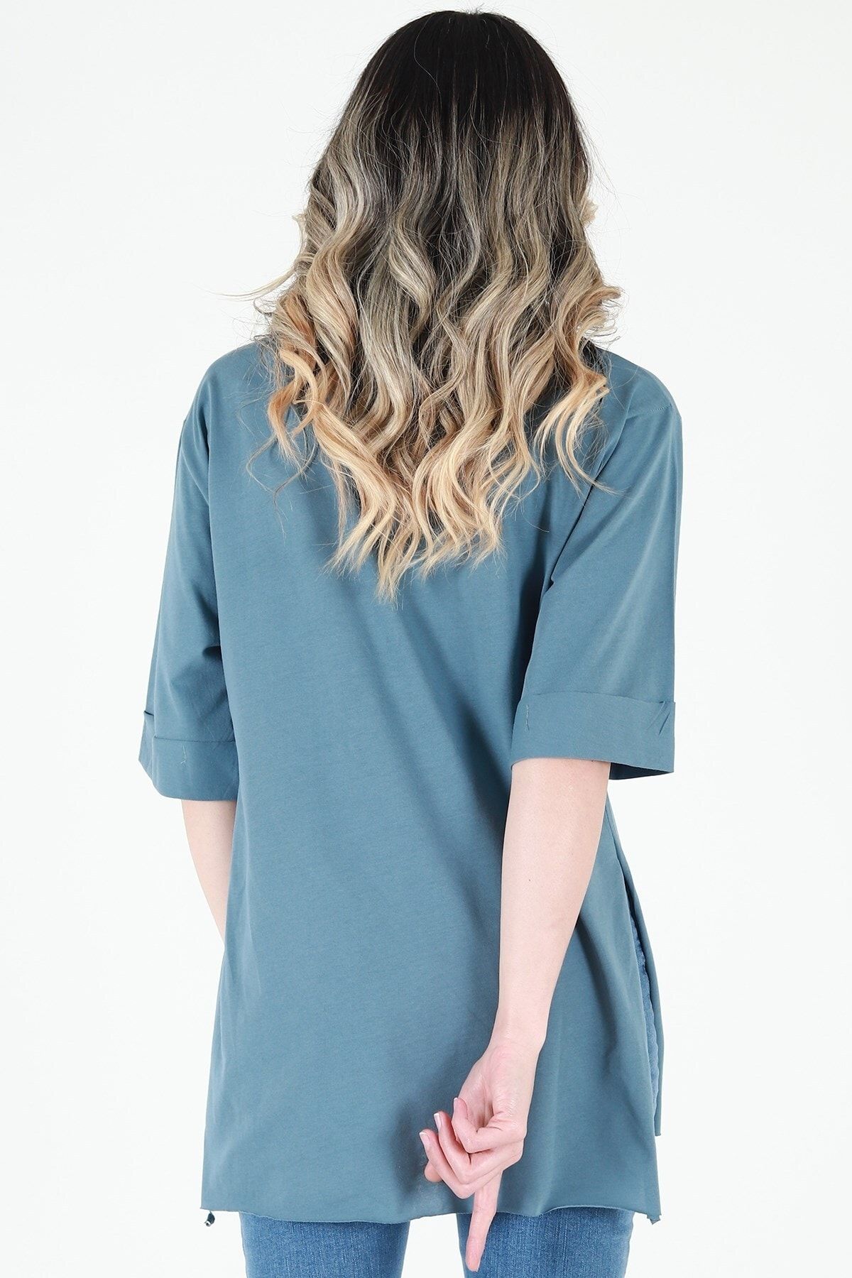 Kadın Petrol Bisiklet Yaka Baskılı Oversize Duble Kol T-Shirt JD009