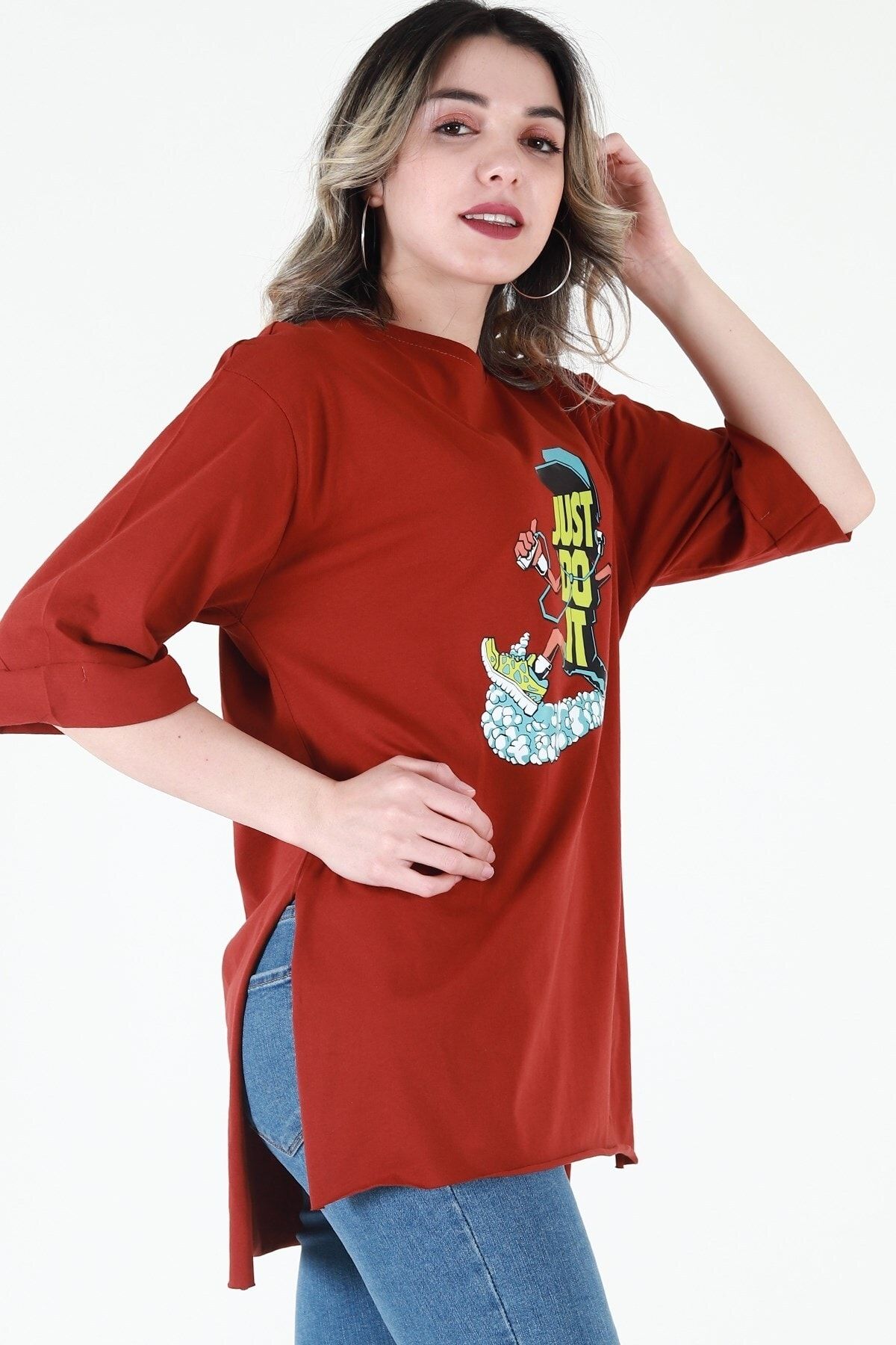 Kadın Kiremit Bisiklet Yaka Baskılı Oversize Duble Kol T-Shirt JD010