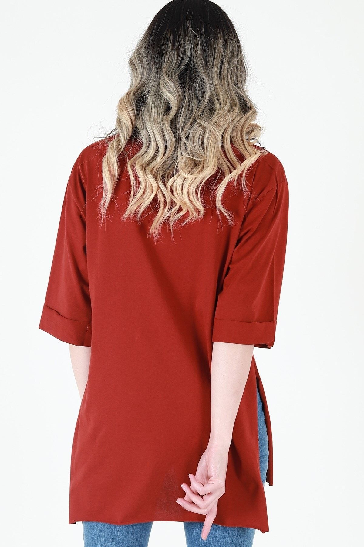 Kadın Kiremit Bisiklet Yaka Baskılı Oversize Duble Kol T-Shirt JD010