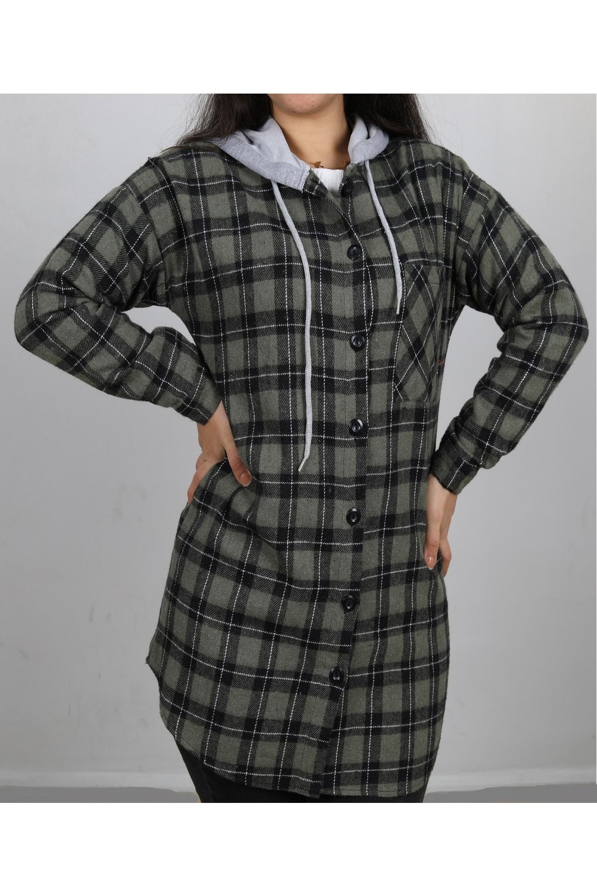 Kadın Haki Kapşonlu Oduncu Gömlek KG2021-06