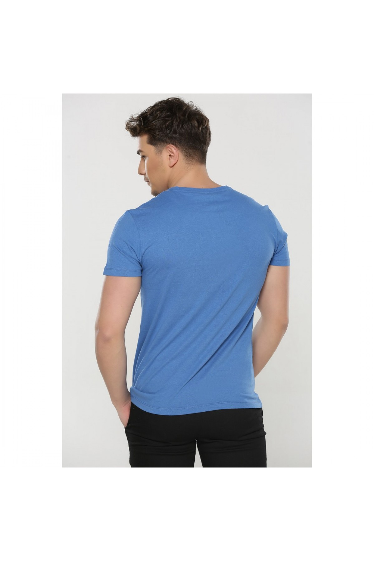 BASIC ERKEK BASKILI BİSİKLET YAKA T-SHIRT İNDİGO NR247