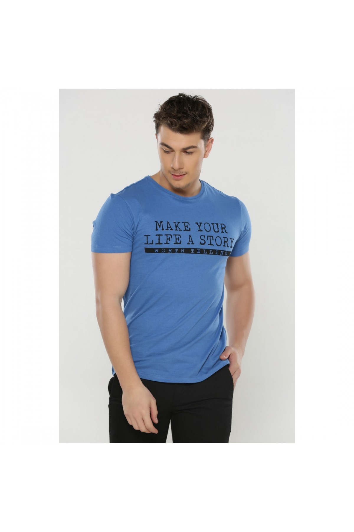 BASIC ERKEK BASKILI BİSİKLET YAKA T-SHIRT İNDİGO NR247