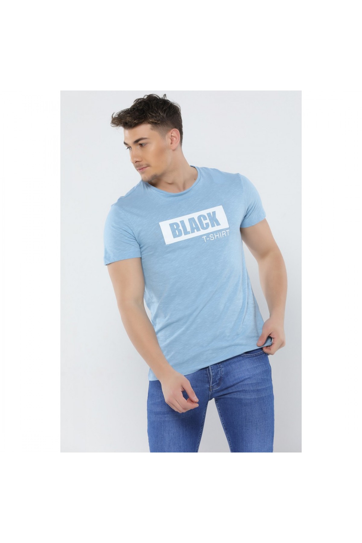 BASIC ERKEK BASKILI BİSİKLET YAKA T-SHIRT TURKUAZ NR264
