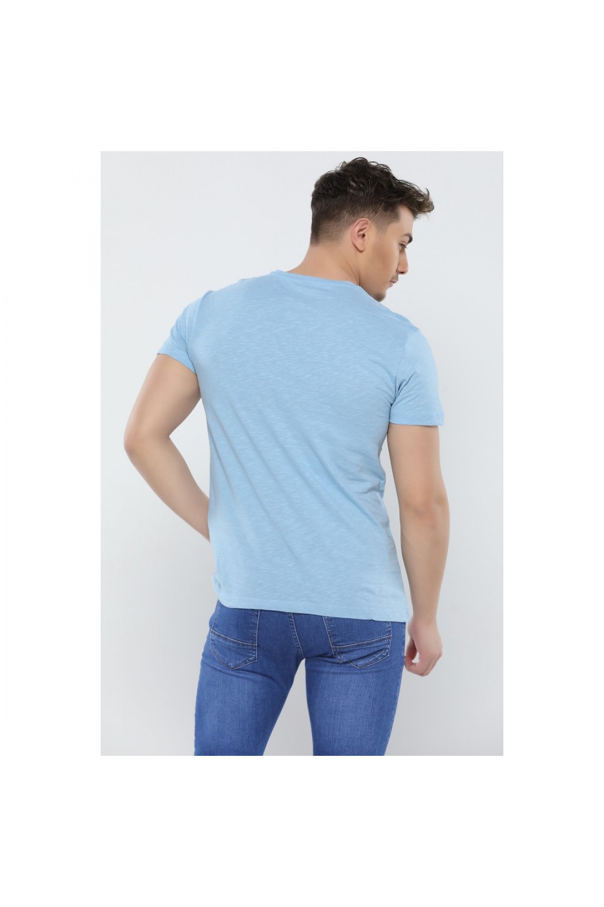 BASIC ERKEK BASKILI BİSİKLET YAKA T-SHIRT TURKUAZ NR264