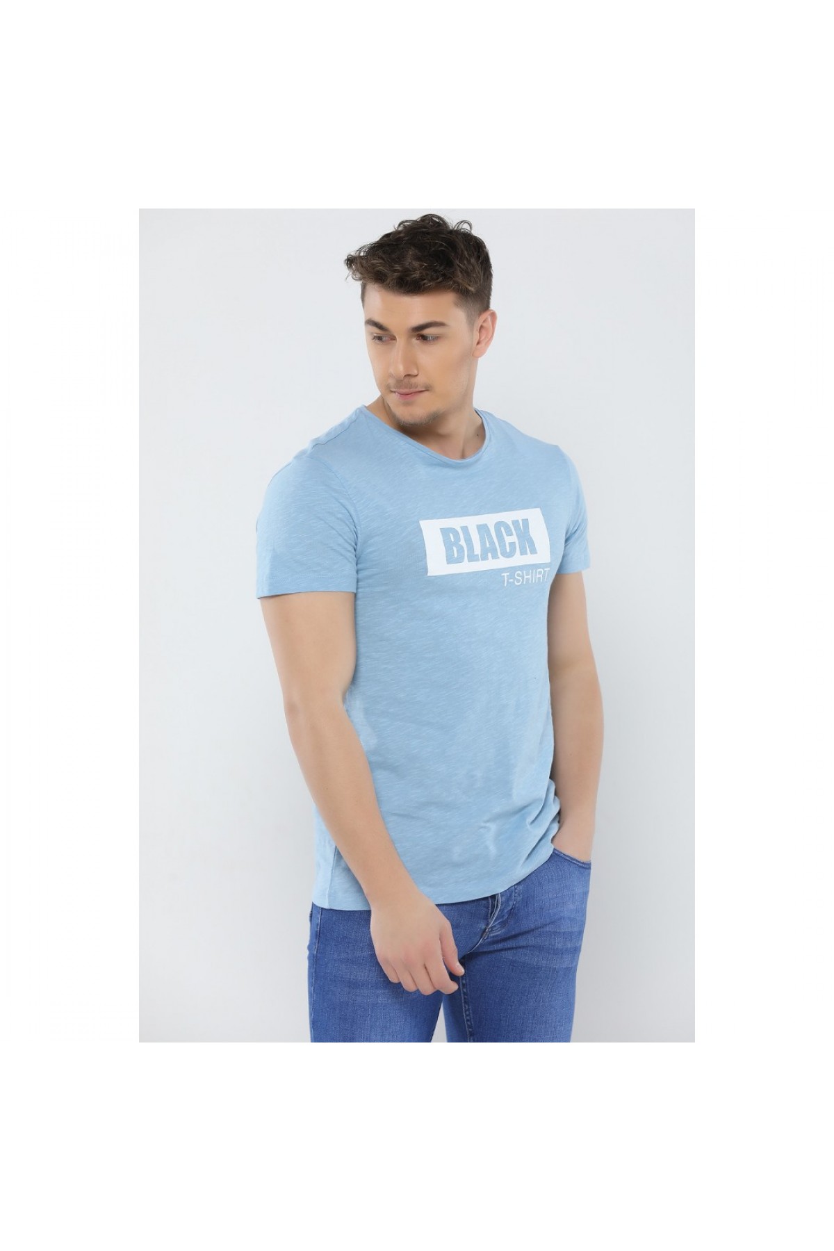 BASIC ERKEK BASKILI BİSİKLET YAKA T-SHIRT TURKUAZ NR264
